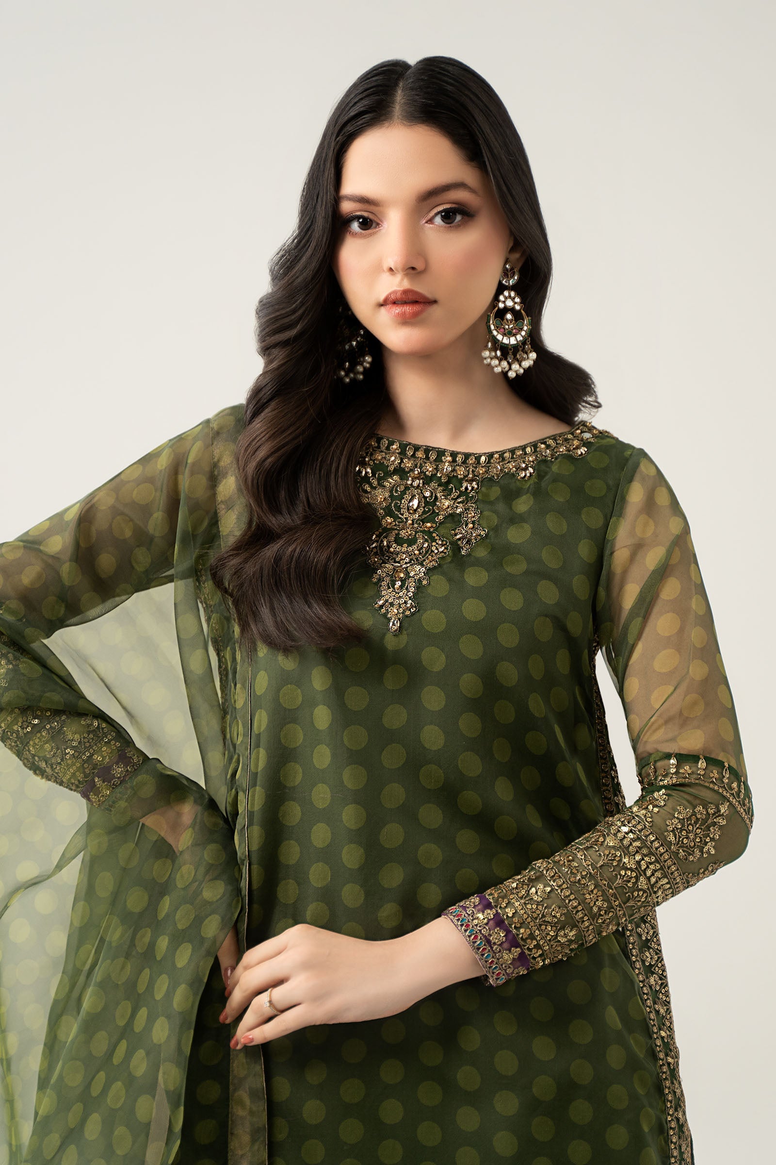 Green Embroidered Organza Sharara Suit (3-Piece) - Image 2