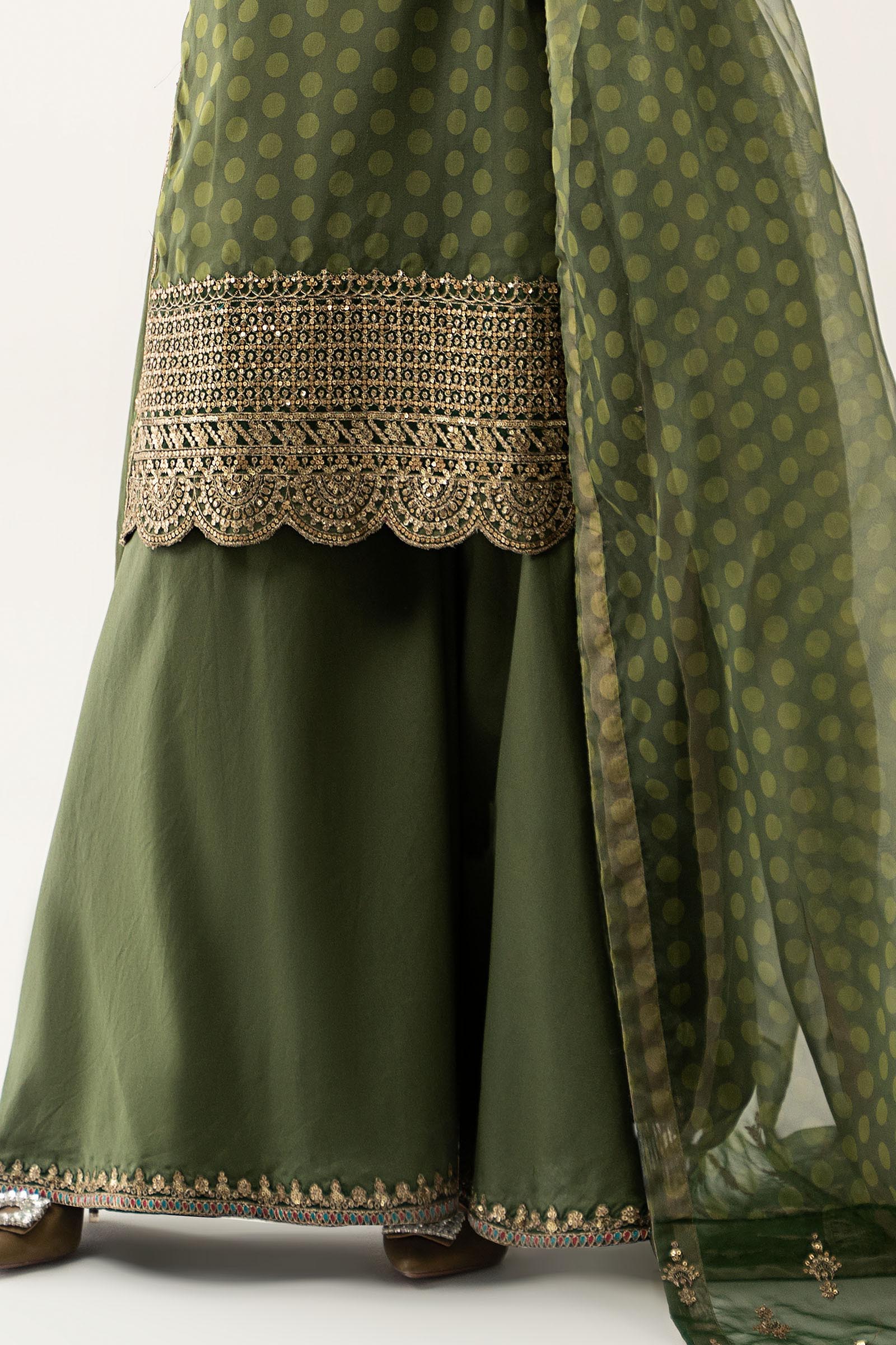 Green Embroidered Organza Sharara Suit (3-Piece) - Image 4
