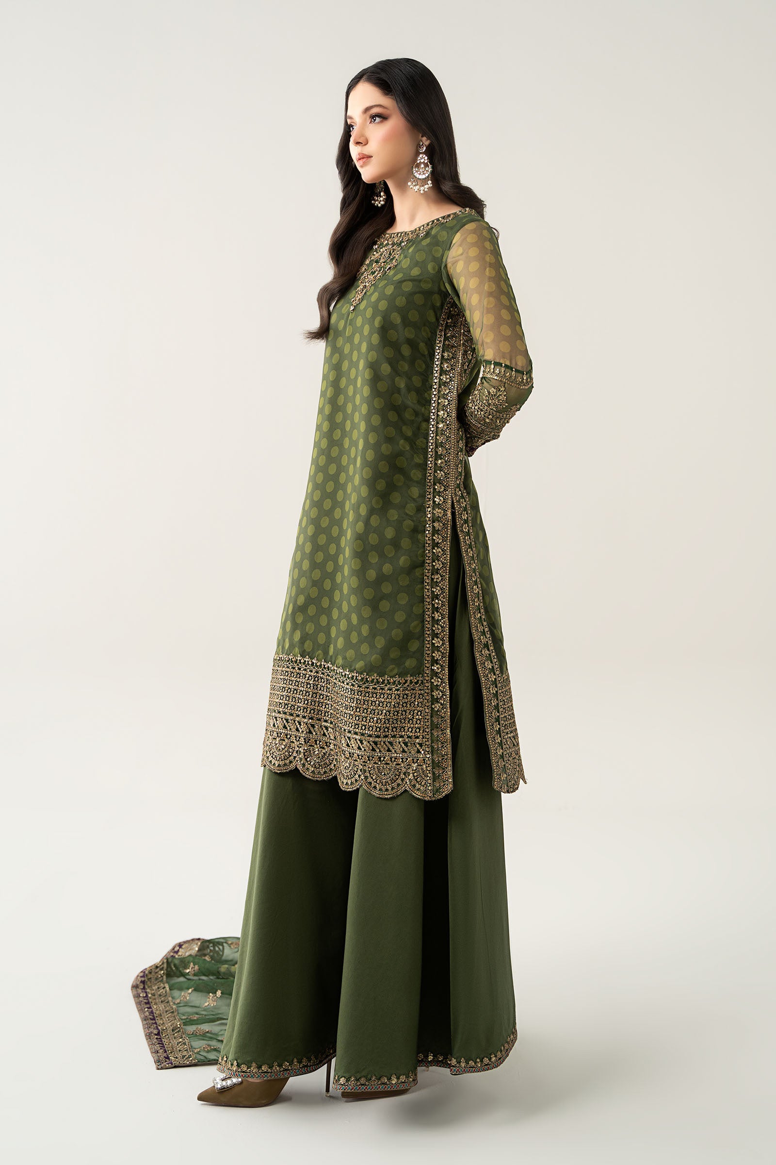 Green Embroidered Organza Sharara Suit (3-Piece) - Image 6