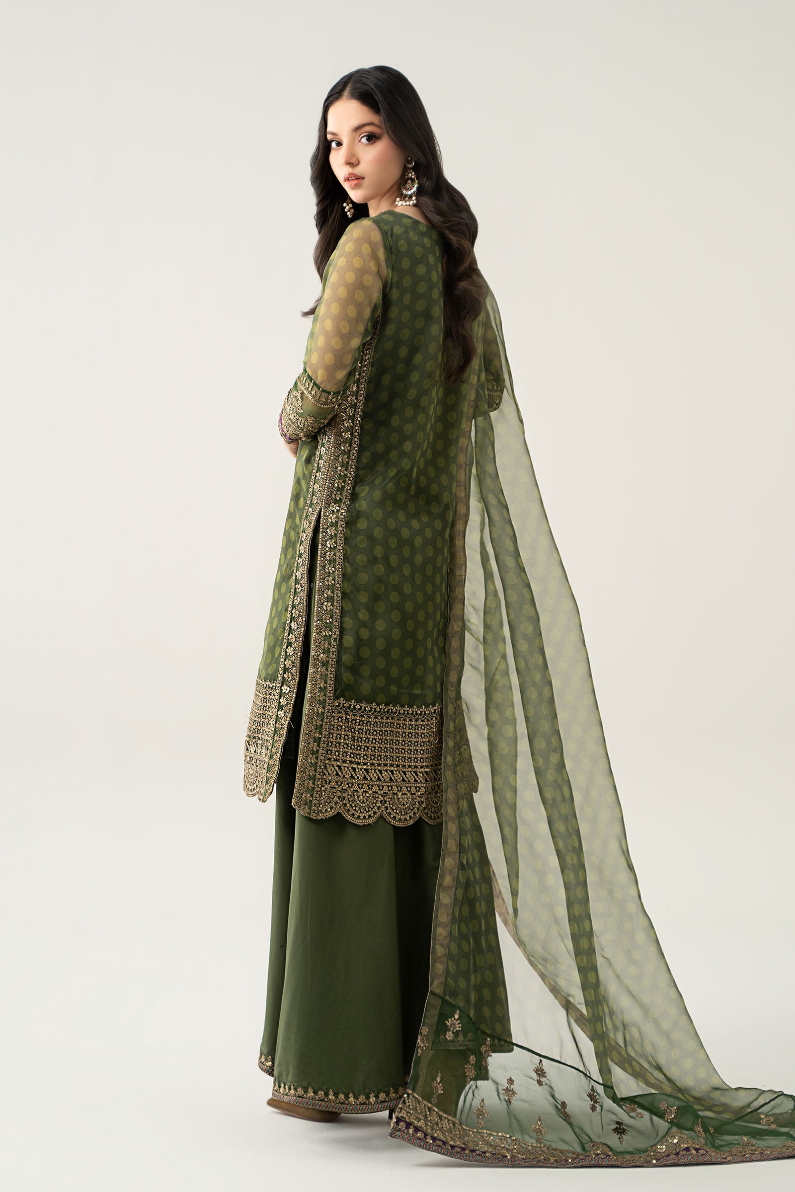 Green Embroidered Organza Sharara Suit (3-Piece) - Image 7