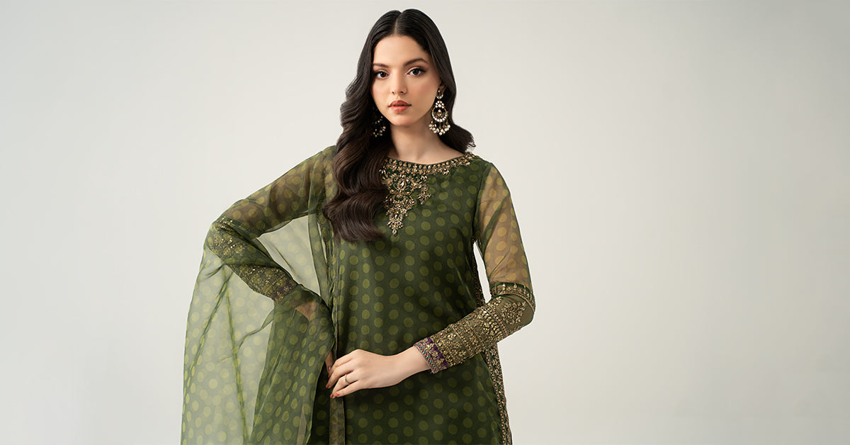 Green Embroidered Organza Sharara Suit (3-Piece) - Image 8