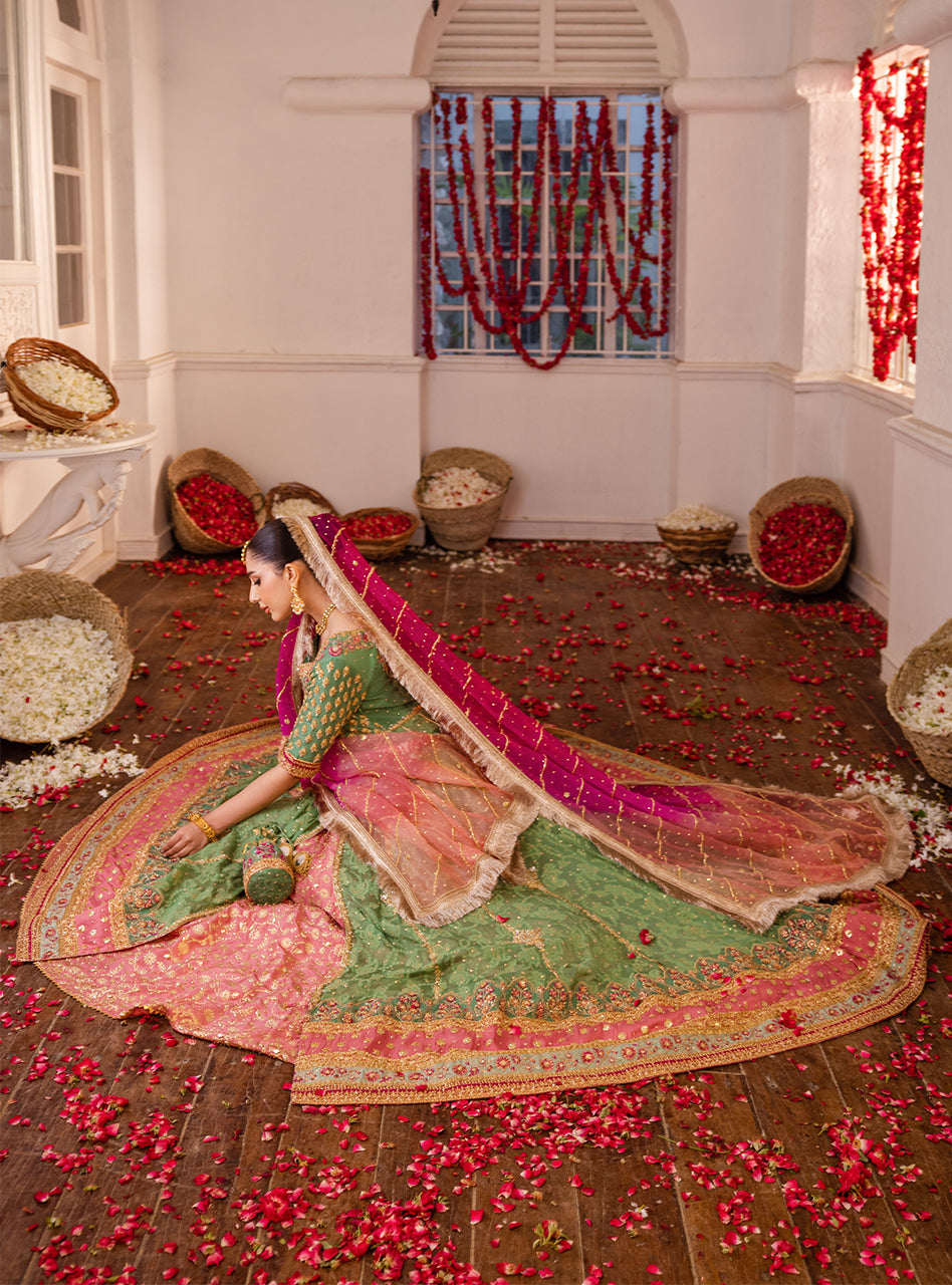 Pakistani Mint Green & Pink Embellished Raw Silk Kalidaar Sharara (3-Piece) - Image 10