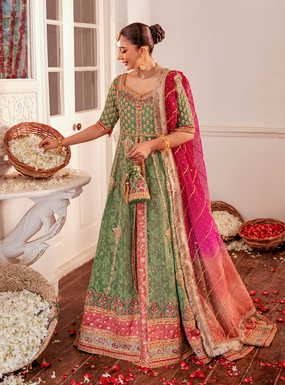 Pakistani Mint Green & Pink Embellished Raw Silk Kalidaar Sharara (3-Piece) - Image 12