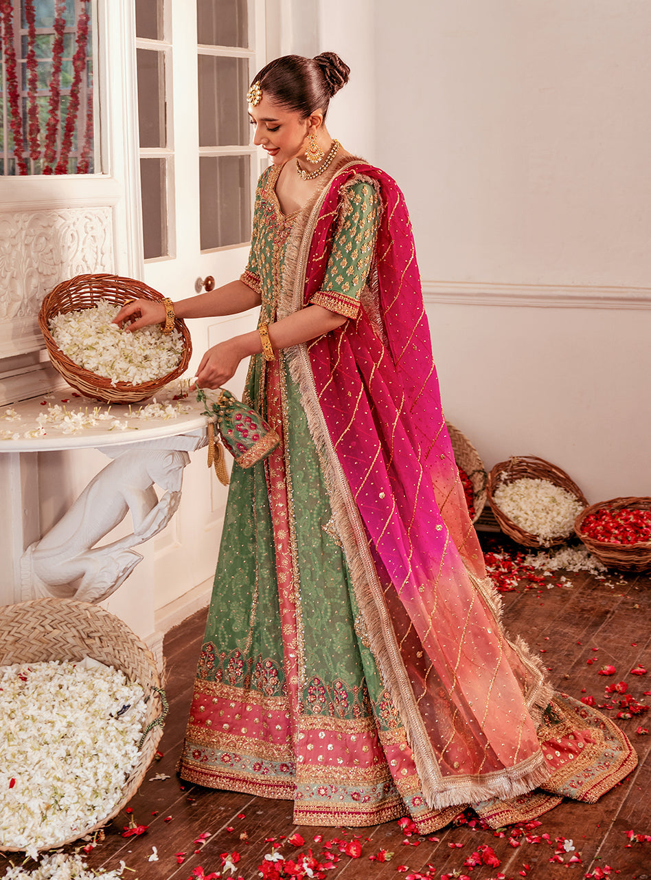 Pakistani Mint Green & Pink Embellished Raw Silk Kalidaar Sharara (3-Piece) - Image 13