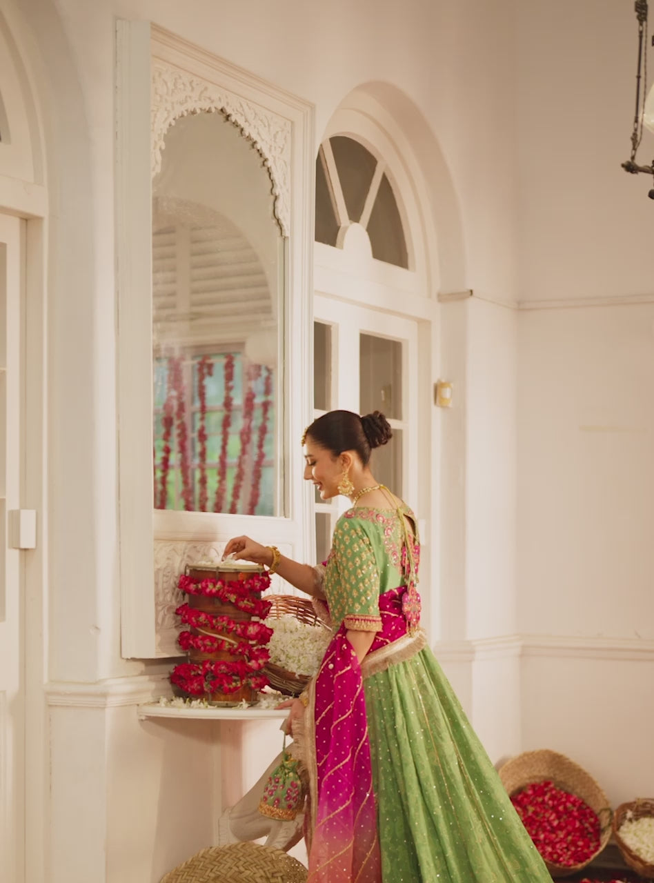 Pakistani Mint Green & Pink Embellished Raw Silk Kalidaar Sharara (3-Piece) - Image 15