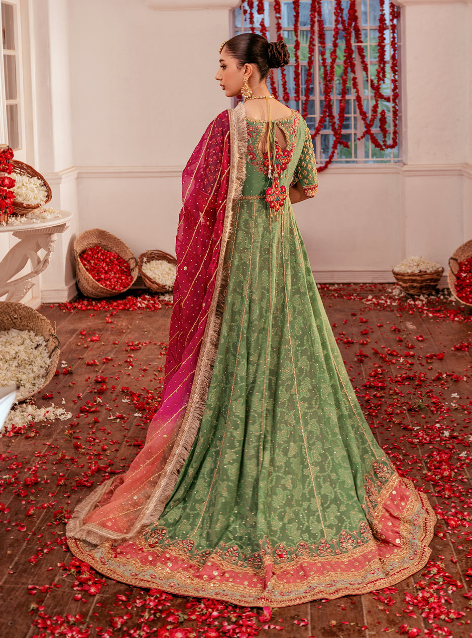 Pakistani Mint Green & Pink Embellished Raw Silk Kalidaar Sharara (3-Piece) - Image 2