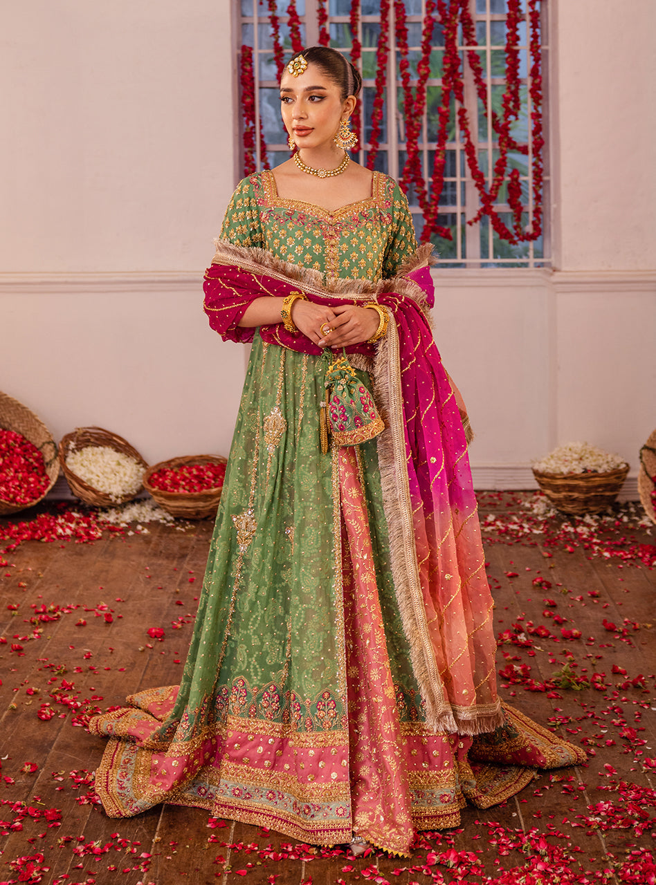 Pakistani Mint Green & Pink Embellished Raw Silk Kalidaar Sharara (3-Piece) - Image 4