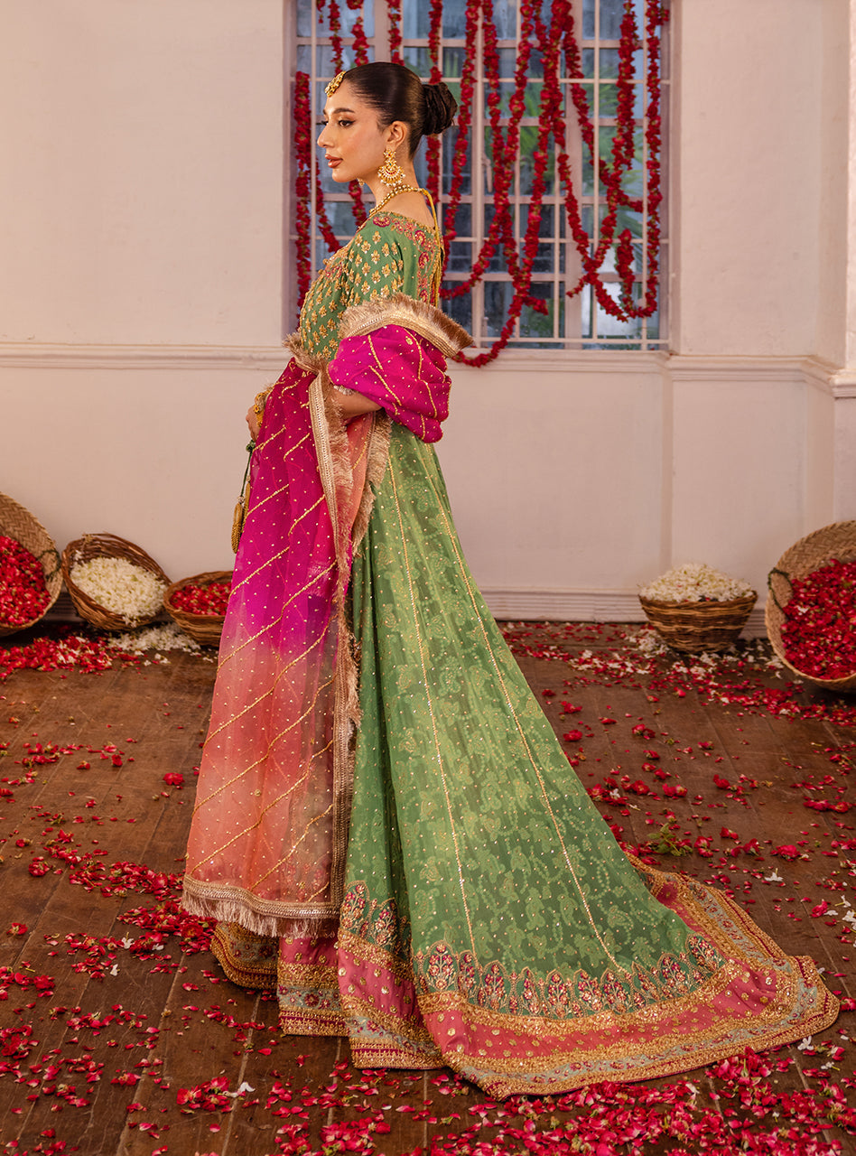 Pakistani Mint Green & Pink Embellished Raw Silk Kalidaar Sharara (3-Piece) - Image 5