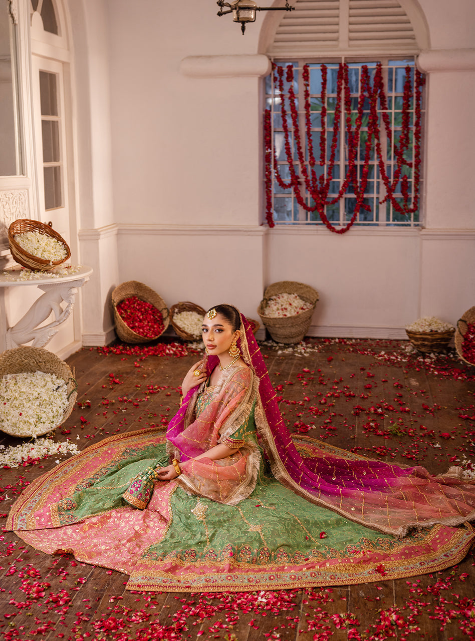 Pakistani Mint Green & Pink Embellished Raw Silk Kalidaar Sharara (3-Piece) - Image 6