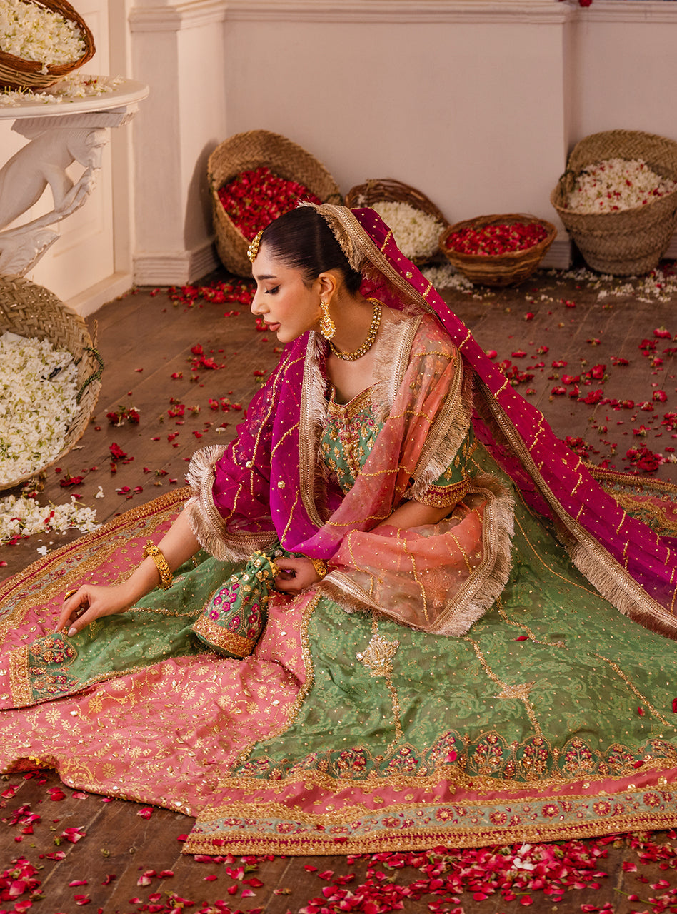 Pakistani Mint Green & Pink Embellished Raw Silk Kalidaar Sharara (3-Piece) - Image 7