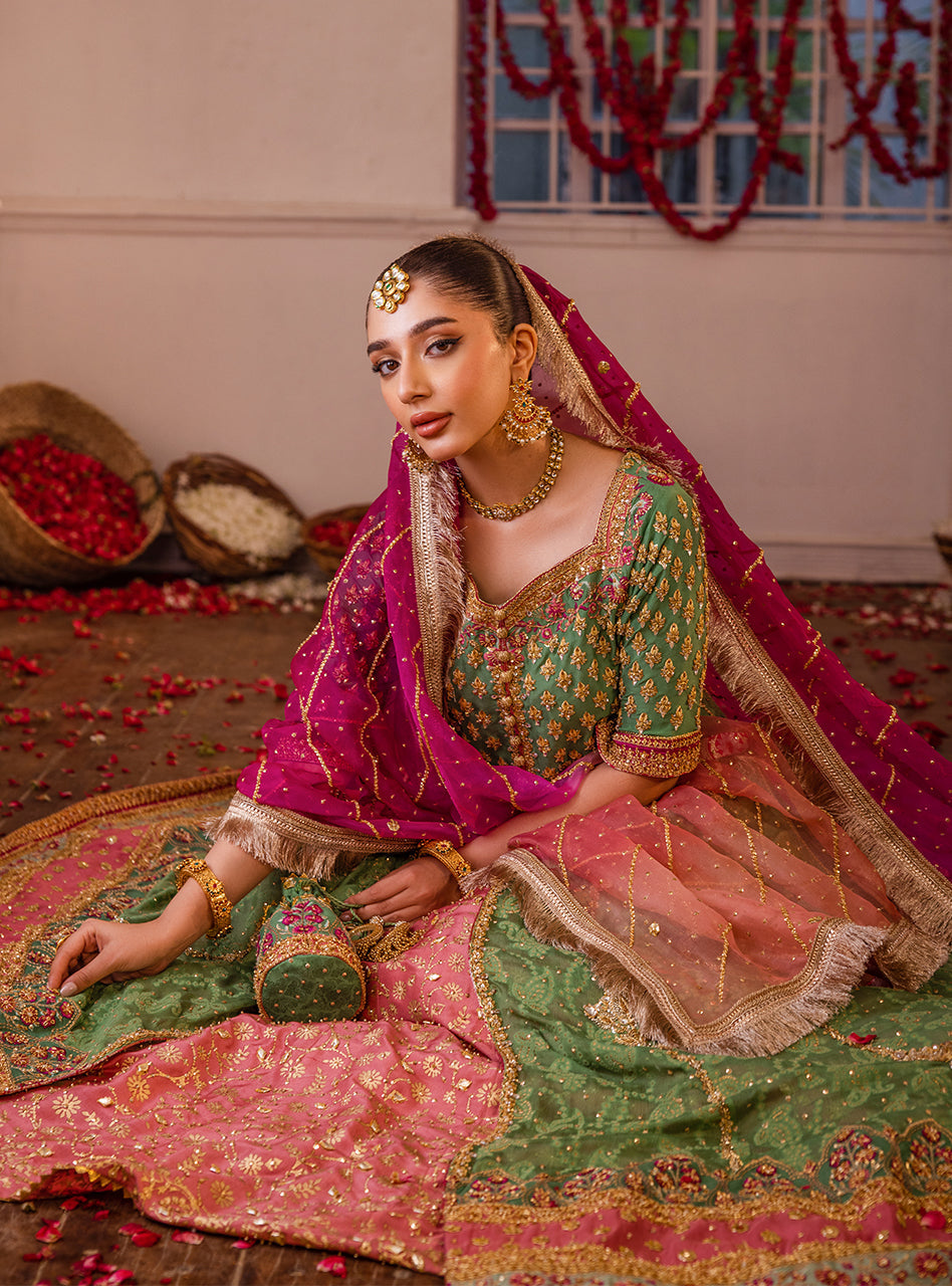 Pakistani Mint Green & Pink Embellished Raw Silk Kalidaar Sharara (3-Piece) - Image 8