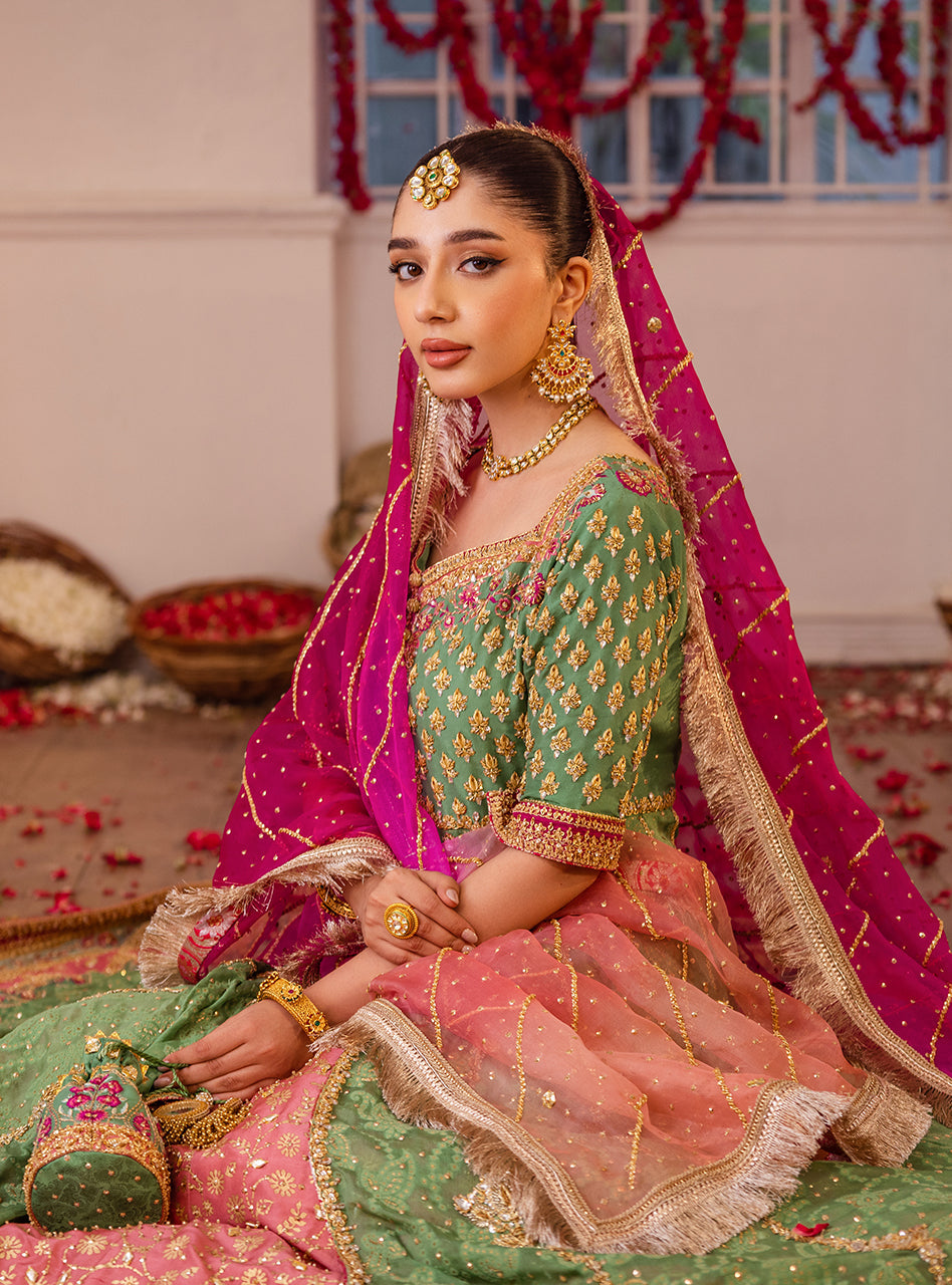 Pakistani Mint Green & Pink Embellished Raw Silk Kalidaar Sharara (3-Piece) - Image 9