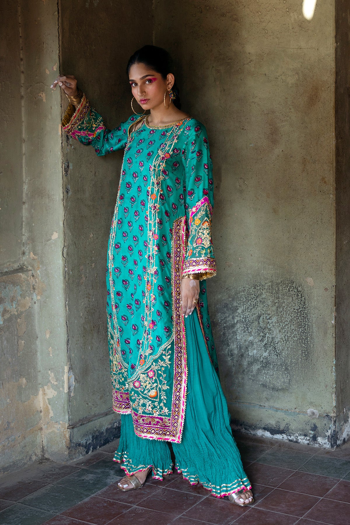 Pakistani Green Resham Embroidered Raw Silk Kameez with Sharara (2-Piece) - Image 1