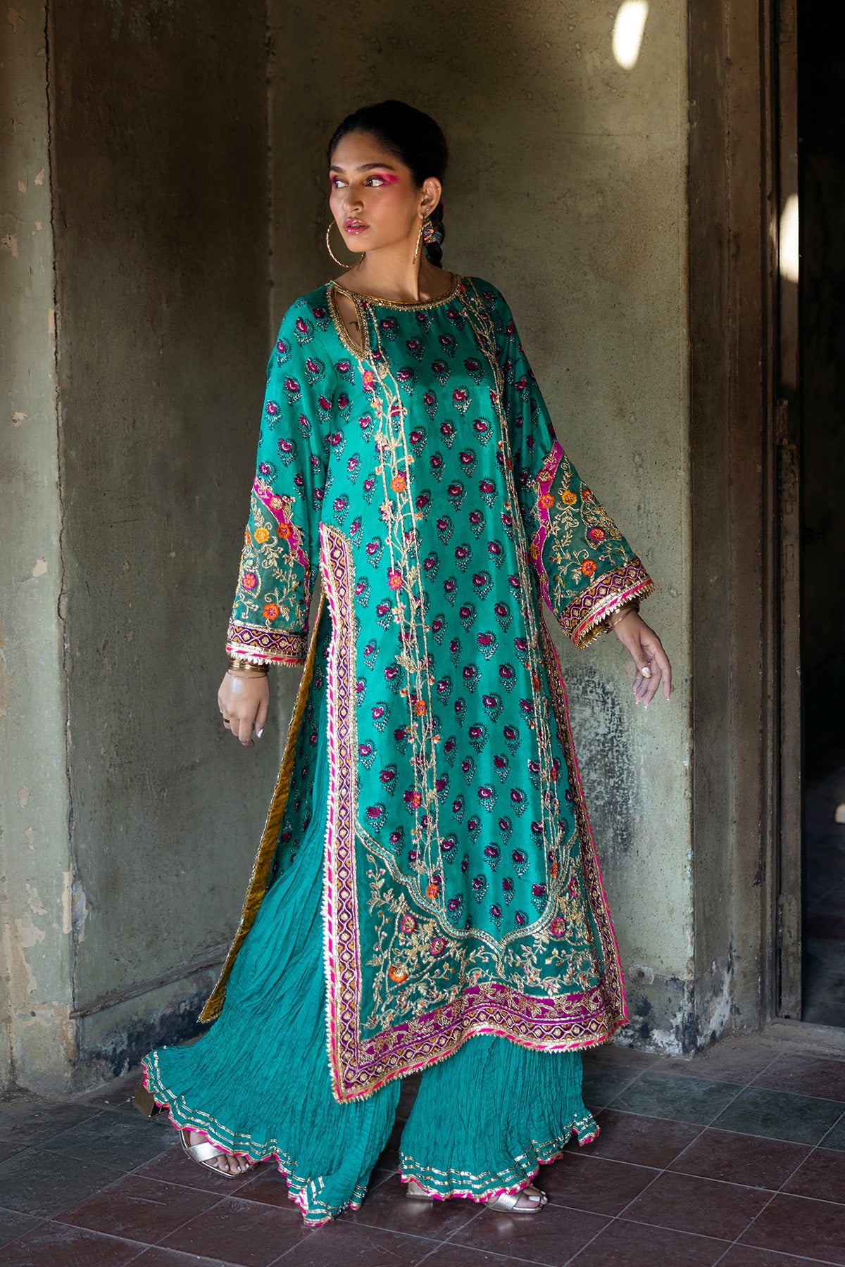 Pakistani Green Resham Embroidered Raw Silk Kameez with Sharara (2-Piece) - Image 2