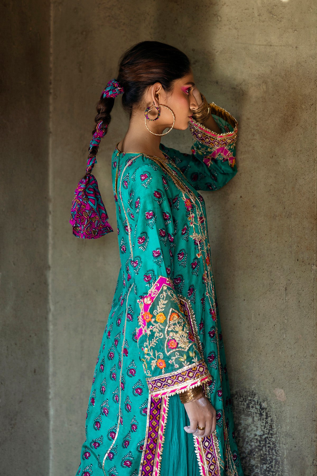 Pakistani Green Resham Embroidered Raw Silk Kameez with Sharara (2-Piece) - Image 3