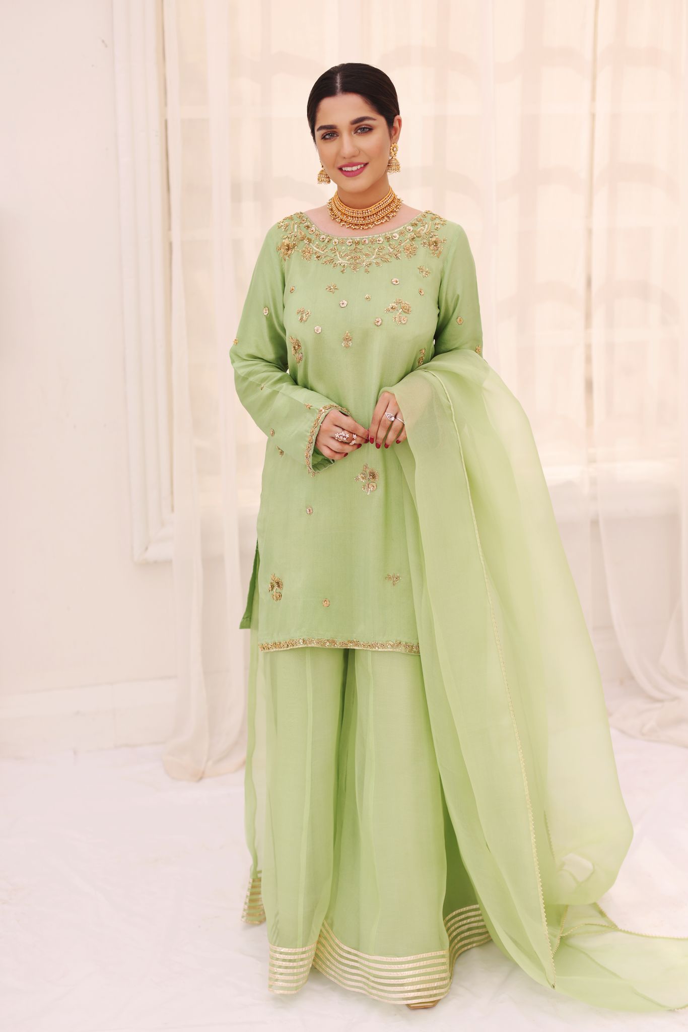 Pakistani Pistachio Green Zardozi Raw Silk Sharara (3-Piece) - Image 1
