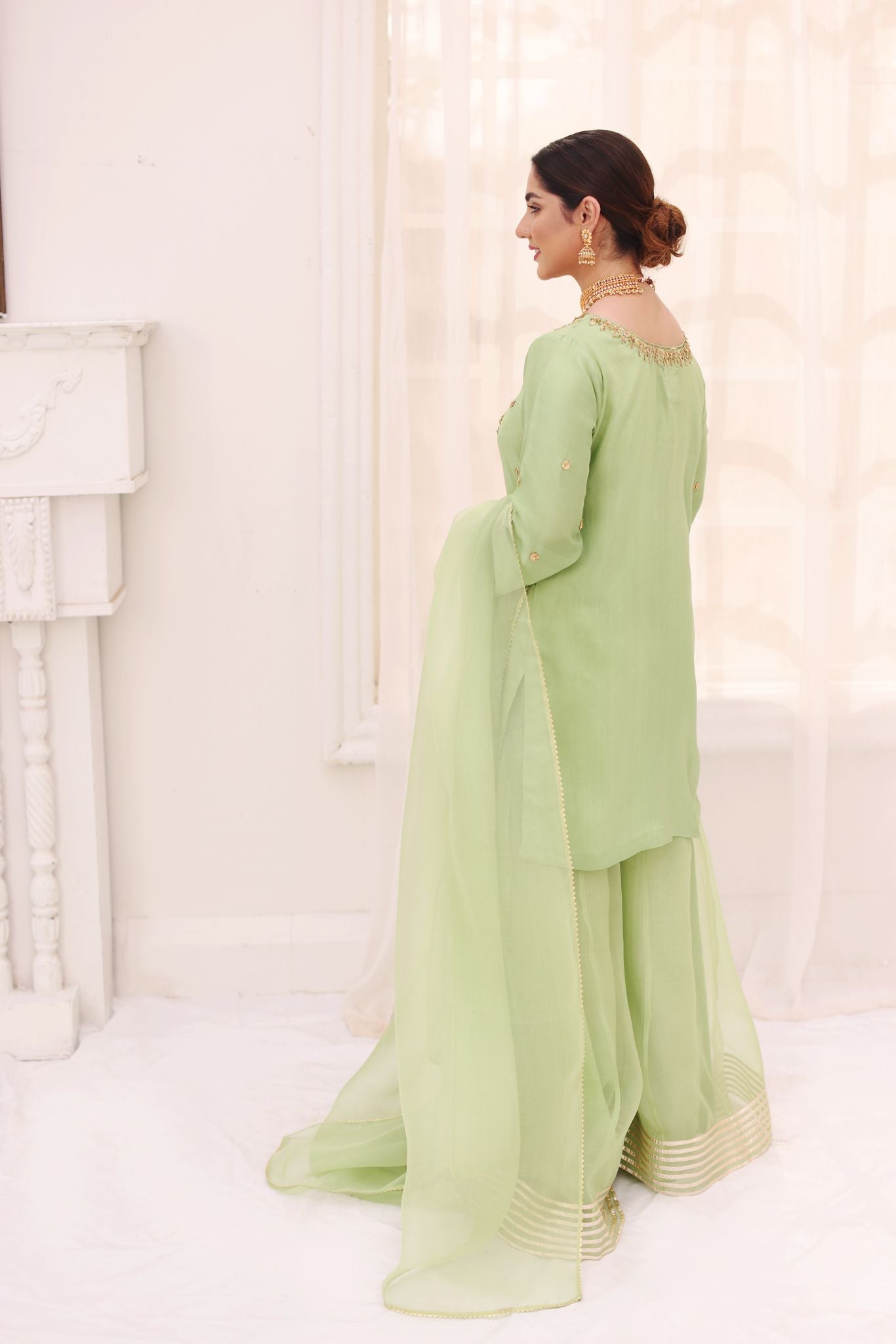 Pakistani Pistachio Green Zardozi Raw Silk Sharara (3-Piece) - Image 2