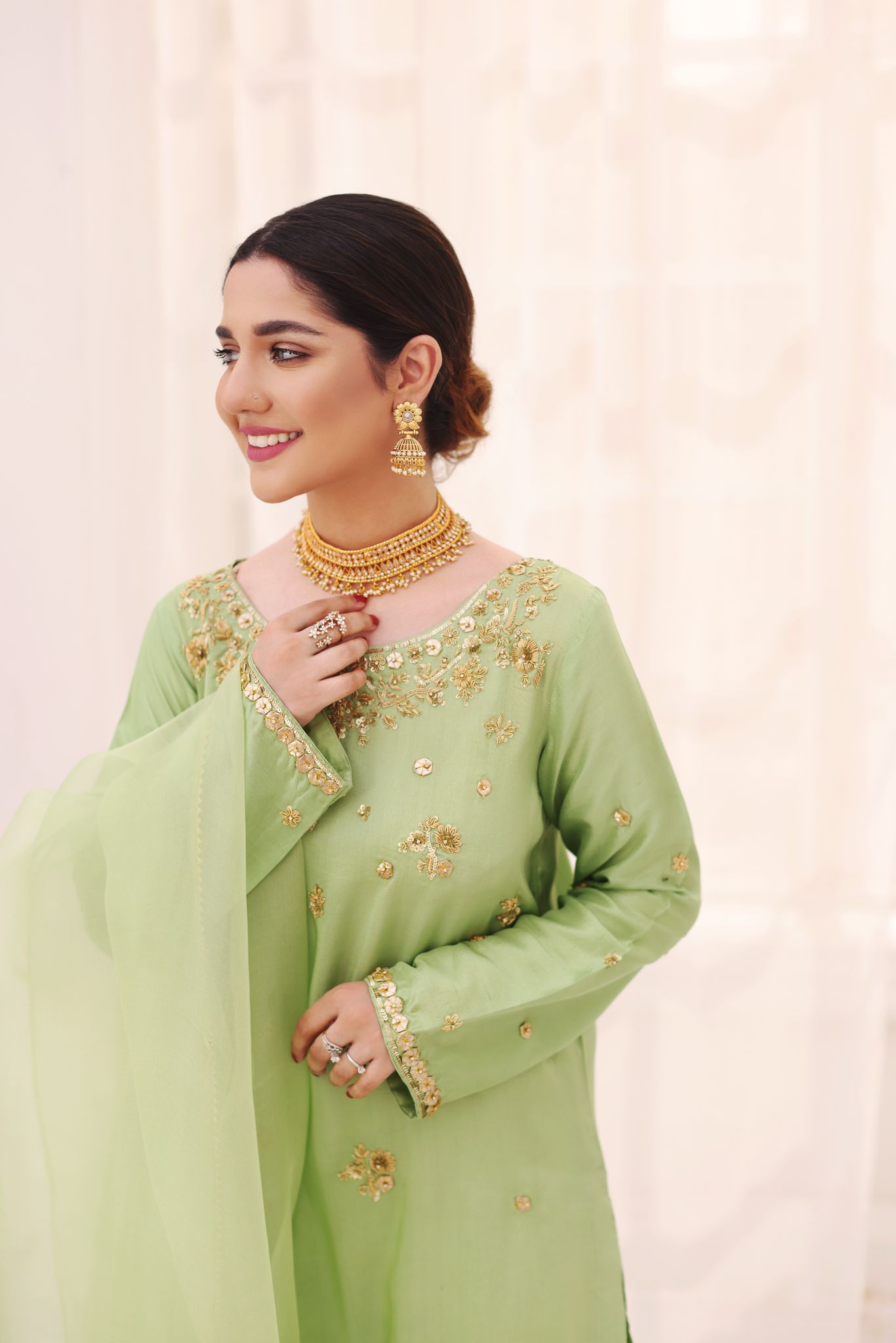 Pakistani Pistachio Green Zardozi Raw Silk Sharara (3-Piece) - Image 3