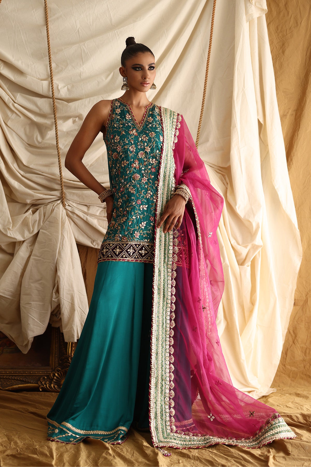Pakistani Emerald Green Embroidered Satin Silk Sharara (3-Piece) - Image 1