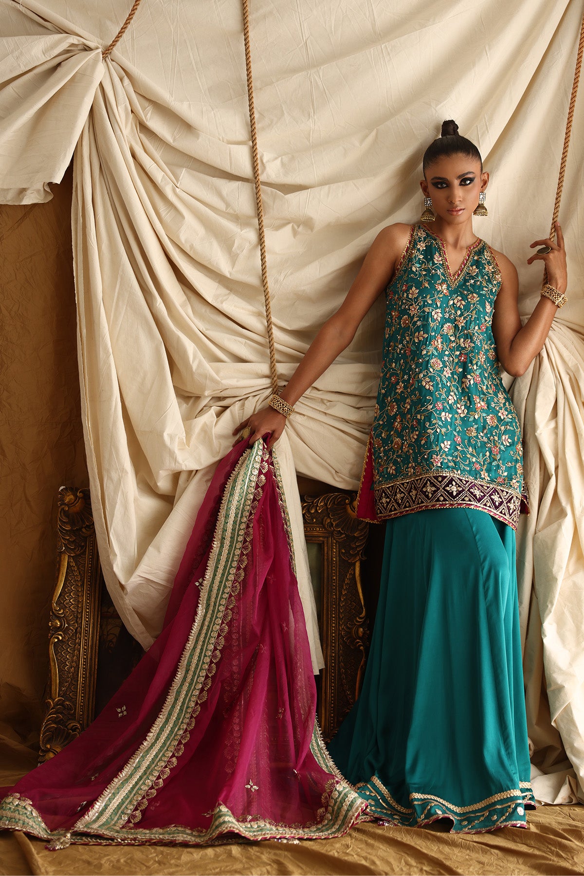 Pakistani Emerald Green Embroidered Satin Silk Sharara (3-Piece) - Image 2