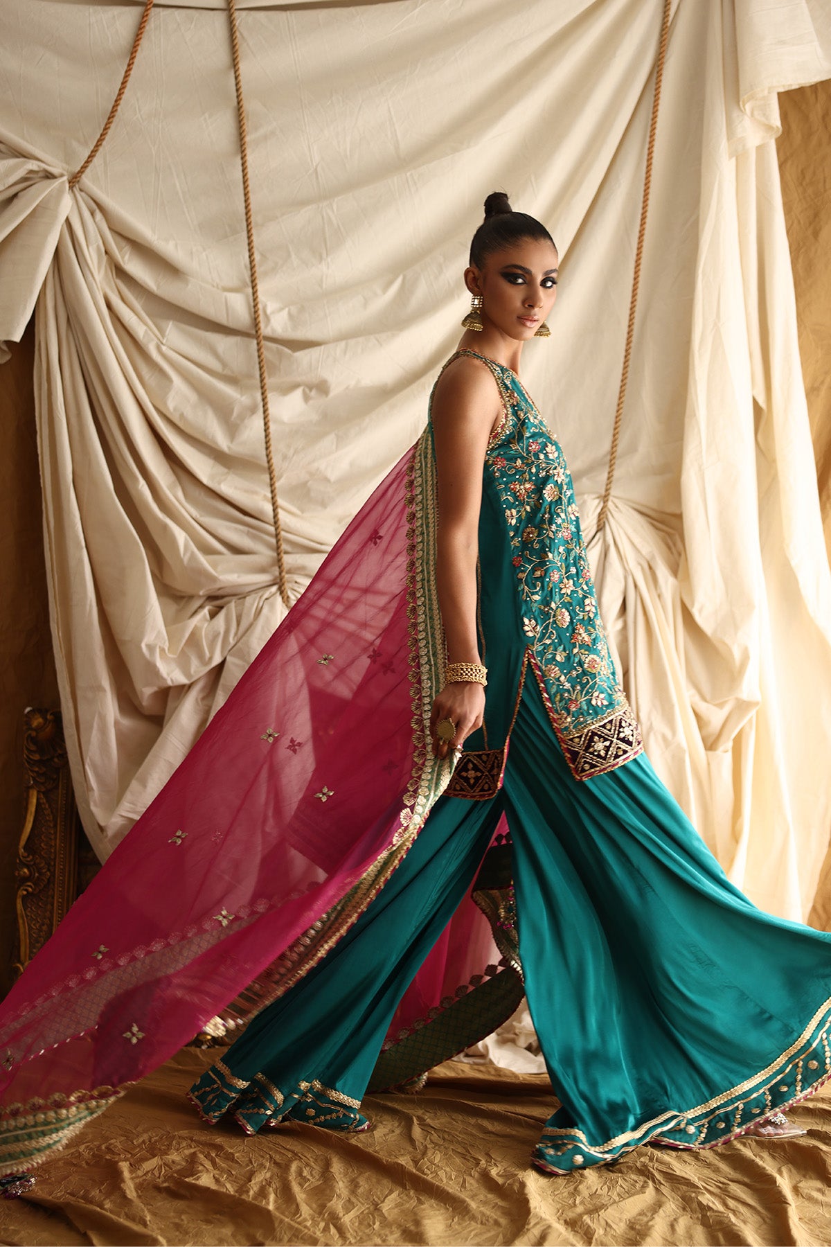 Pakistani Emerald Green Embroidered Satin Silk Sharara (3-Piece) - Image 3