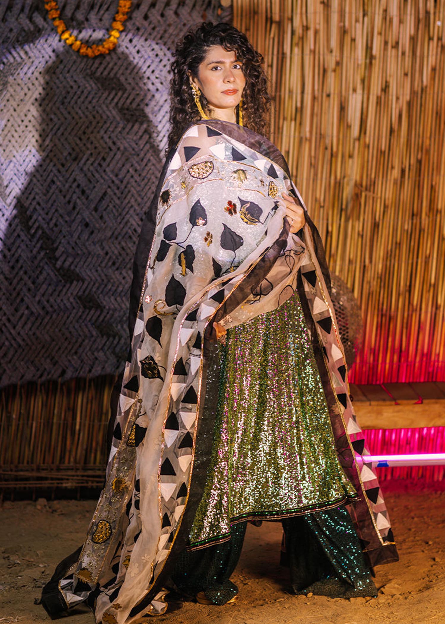 Pakistani Emerald Green Sequin Organza Sharara (3-Piece) - Image 1