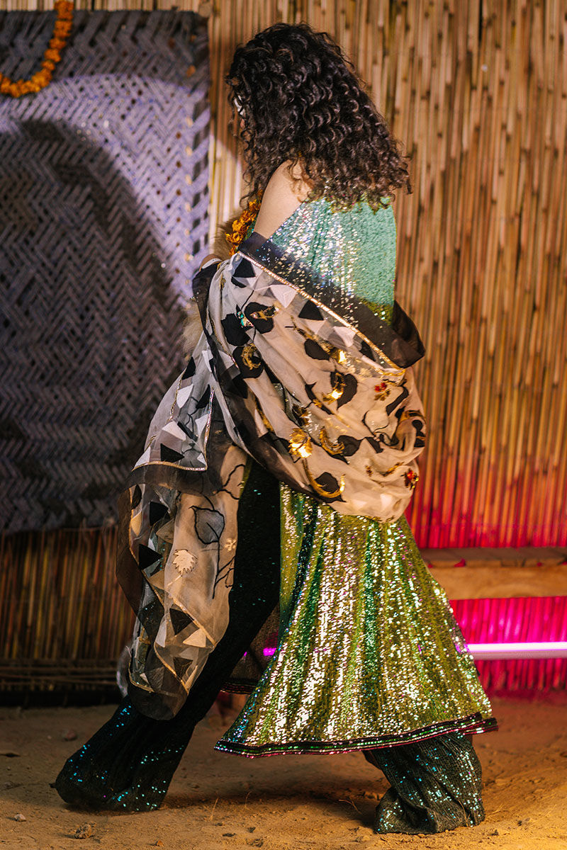 Pakistani Emerald Green Sequin Organza Sharara (3-Piece) - Image 2