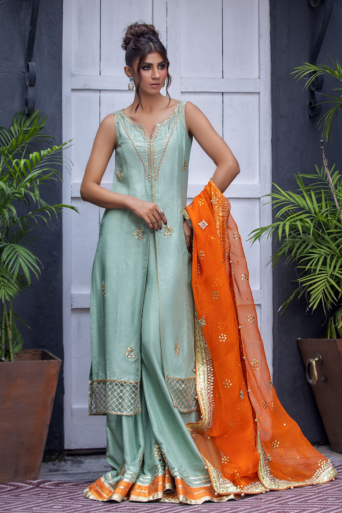 Pakistani Orange Mukesh Gota Organza Dupatta (3-Piece) - Image 1