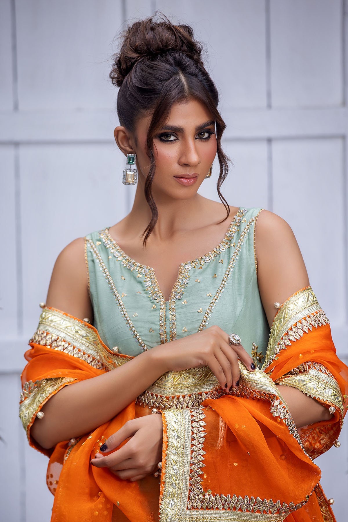 Pakistani Orange Mukesh Gota Organza Dupatta (3-Piece) - Image 2