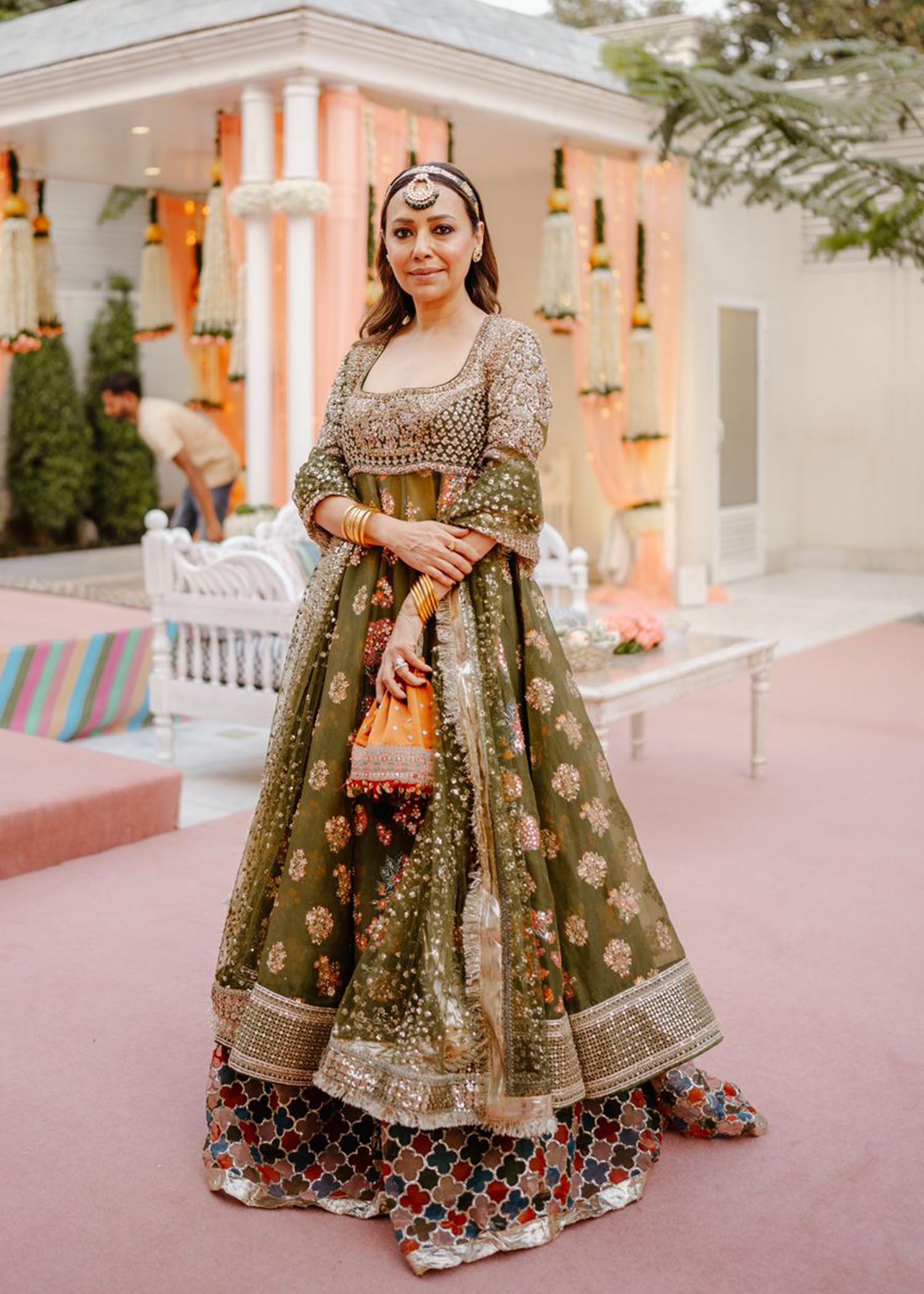 Indian Mehndi Green Embroidered Organza Peshwaz (3-Piece) - Image 2