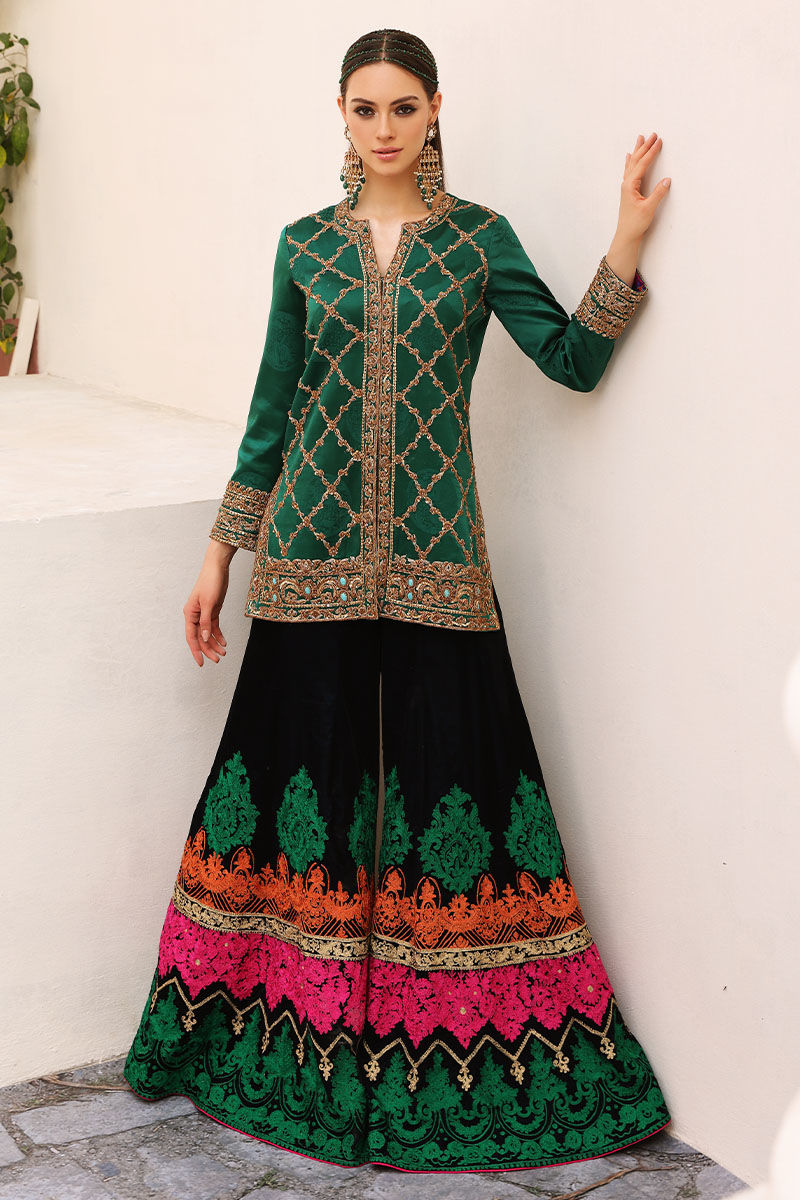 Alhambra Green Embroidered Silk Shirt with Velvet Sharara (2-Piece) - Image 1