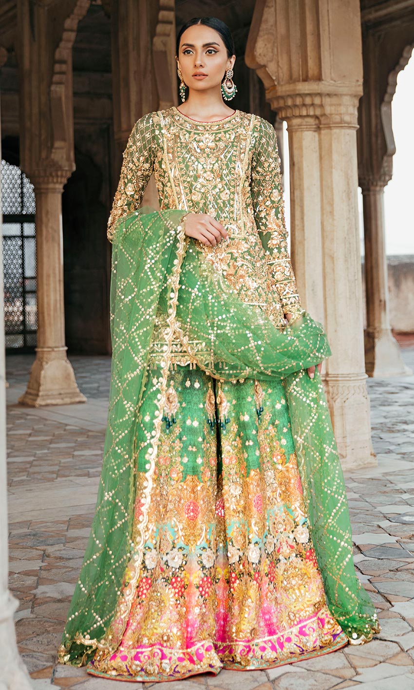 Pakistani Olive Green Zardozi Silk Sharara (3-Piece) - Image 1