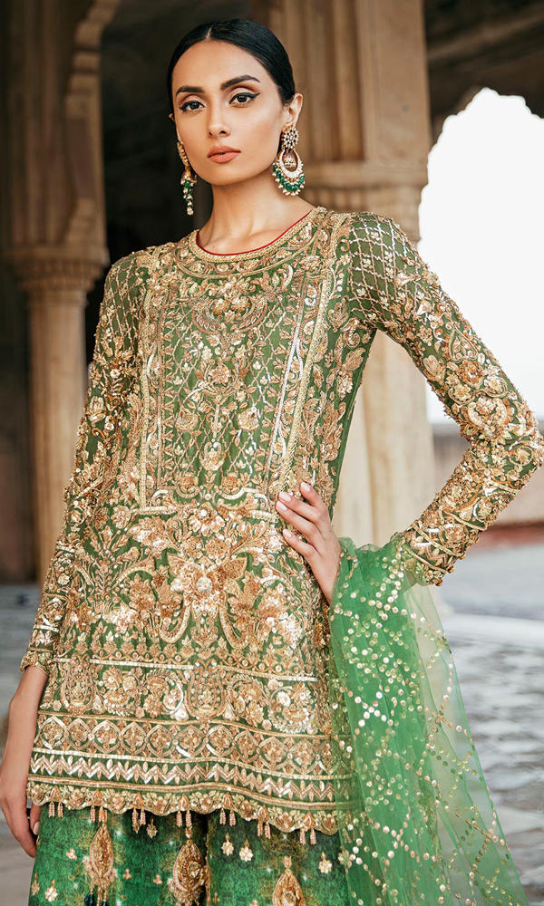 Pakistani Olive Green Zardozi Silk Sharara (3-Piece) - Image 4