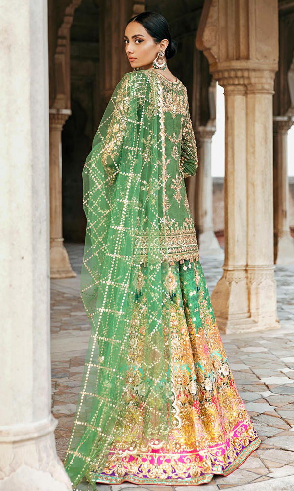 Pakistani Olive Green Zardozi Silk Sharara (3-Piece) - Image 5