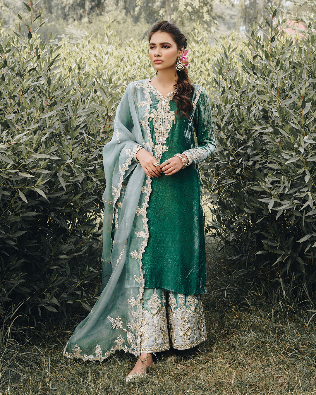 Emerald Green Embroidered Velvet Sharara (3-Piece) - Image 1