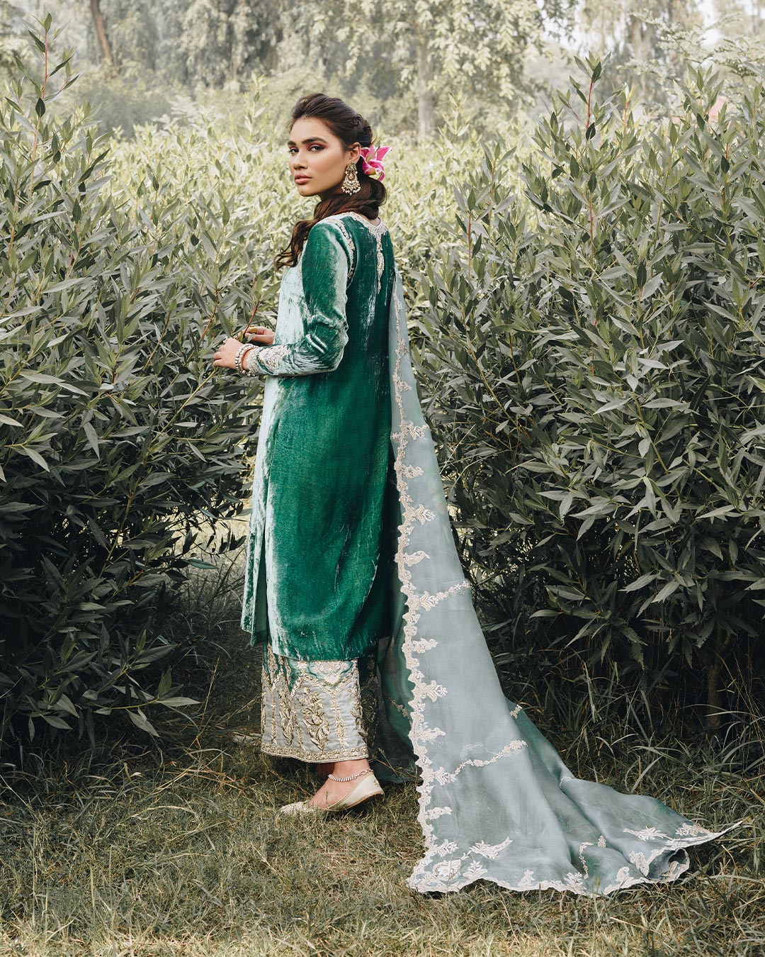 Emerald Green Embroidered Velvet Sharara (3-Piece) - Image 2