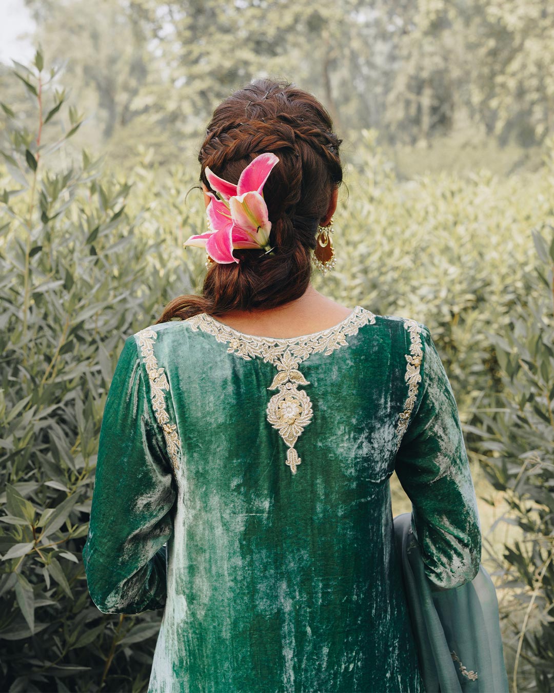 Emerald Green Embroidered Velvet Sharara (3-Piece) - Image 3