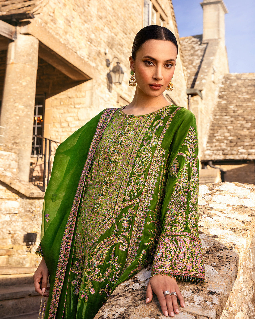 Pakistani Grass Green Embroidered Velvet Sharara (3-Piece) - Image 2
