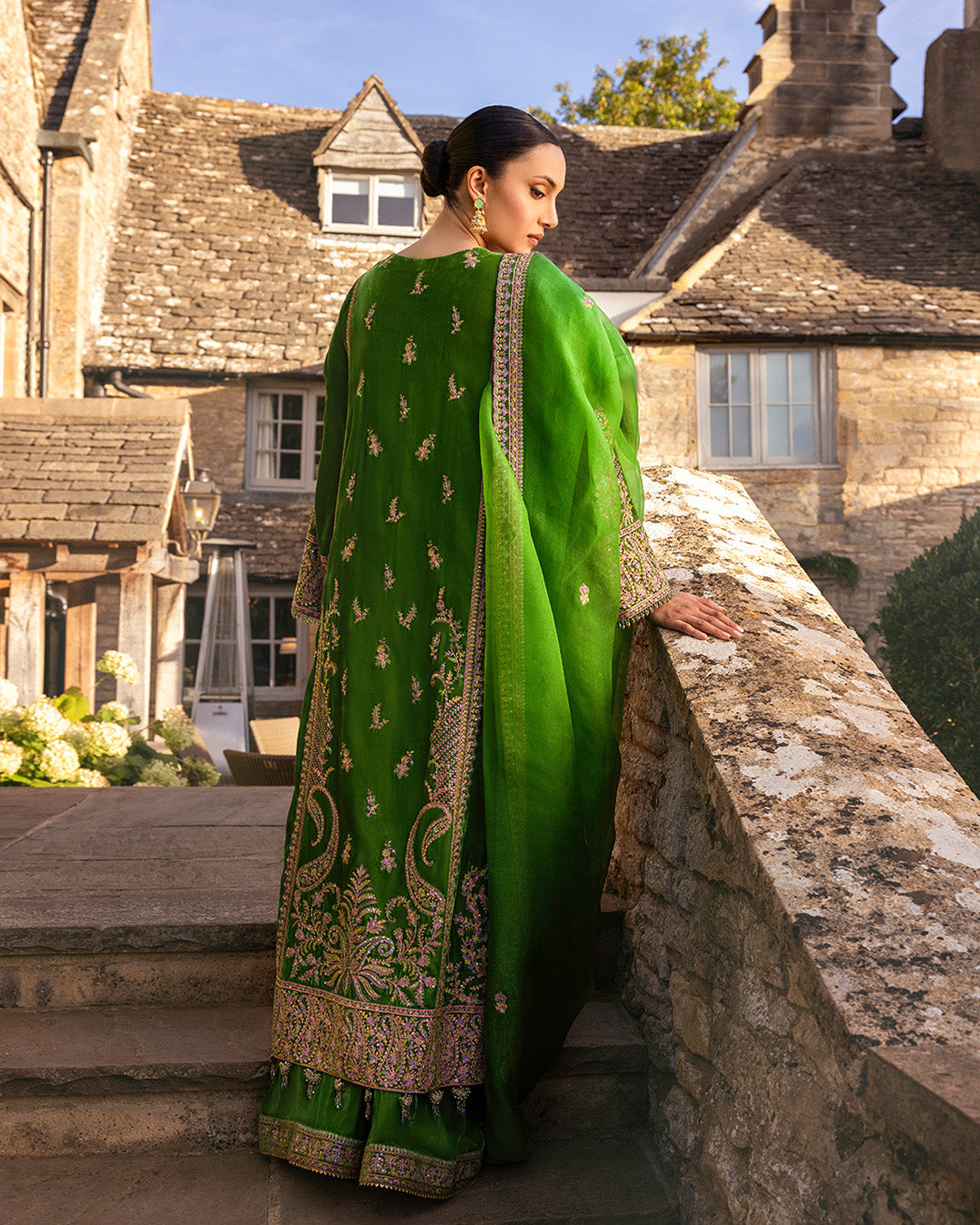 Pakistani Grass Green Embroidered Velvet Sharara (3-Piece) - Image 4