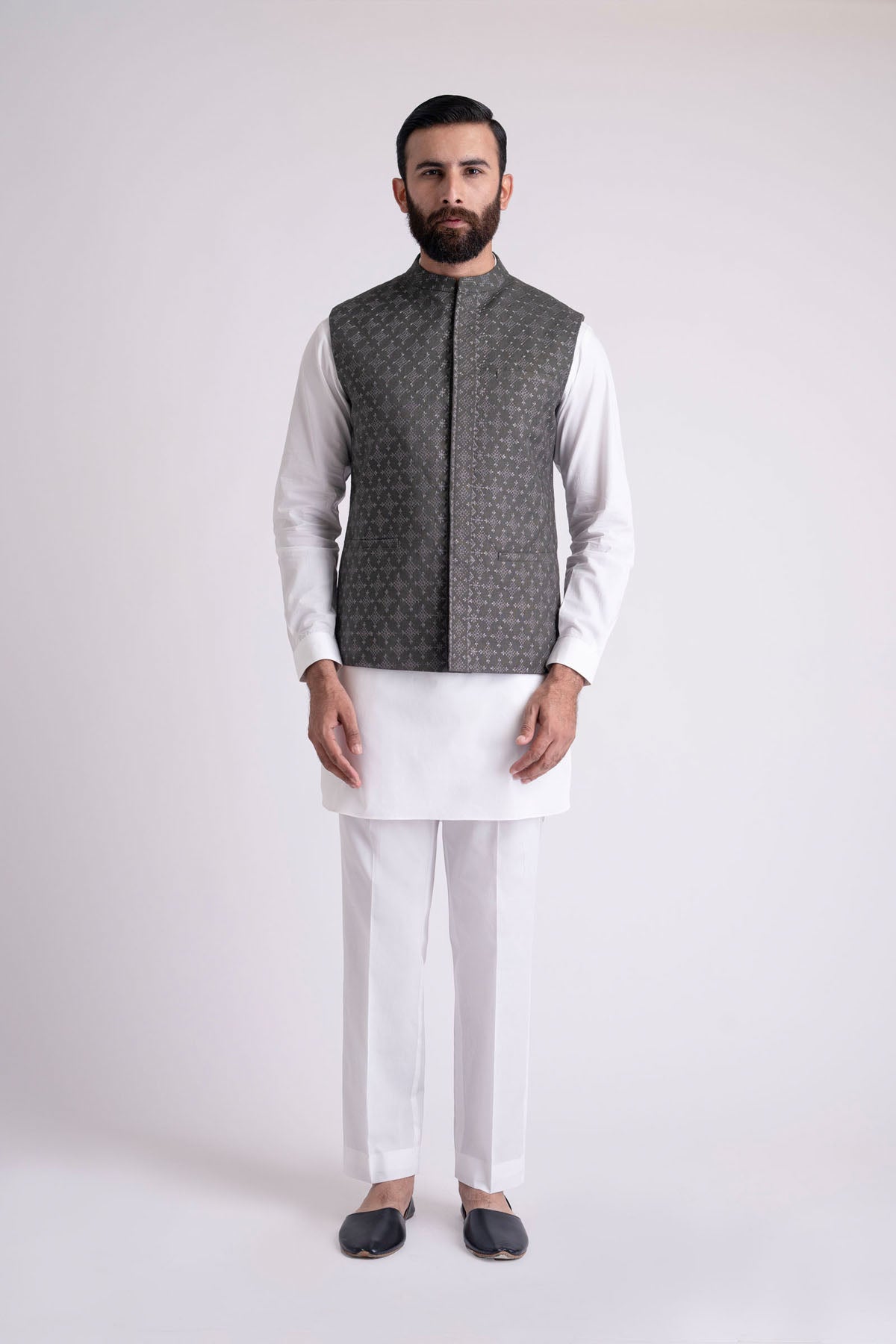 Olive Embroidered Waistcoat with Mandarin Collar (3-Piece) - Image 1