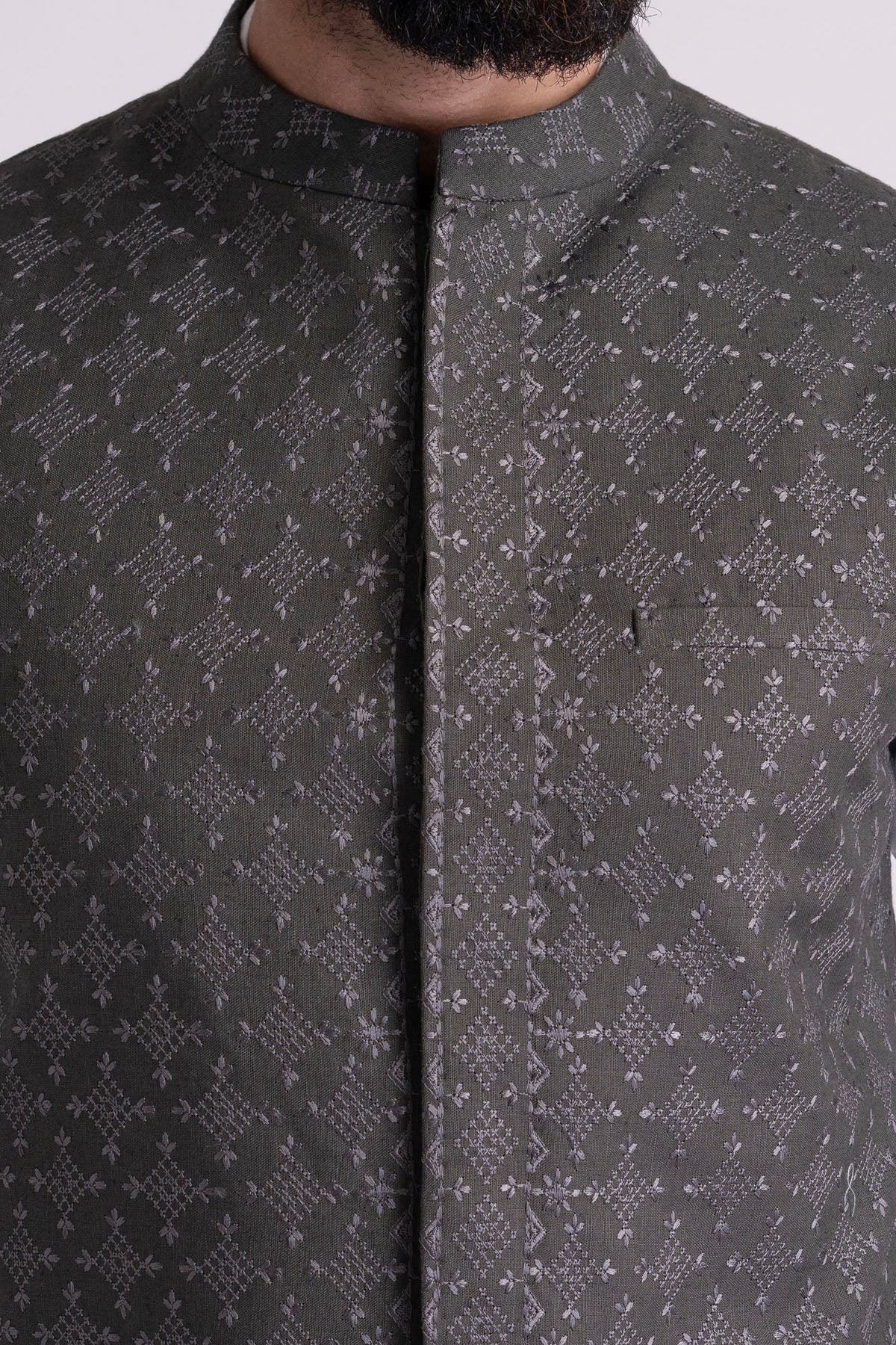 Olive Embroidered Waistcoat with Mandarin Collar (3-Piece) - Image 2