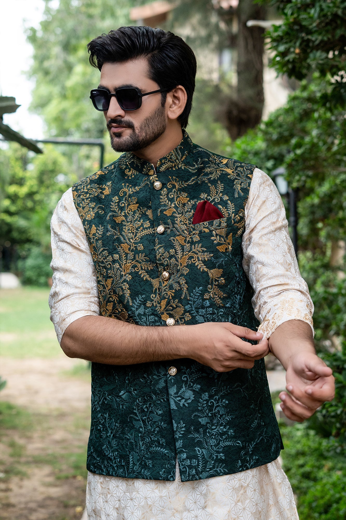Emerald Green Jacquard Waistcoat with Copper Embroidery (1-Pc) - Image 1