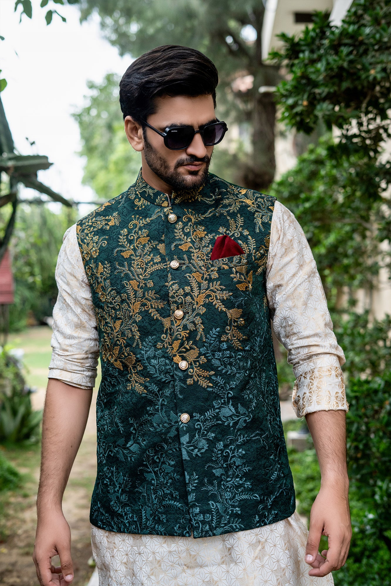 Emerald Green Jacquard Waistcoat with Copper Embroidery (1-Pc) - Image 2