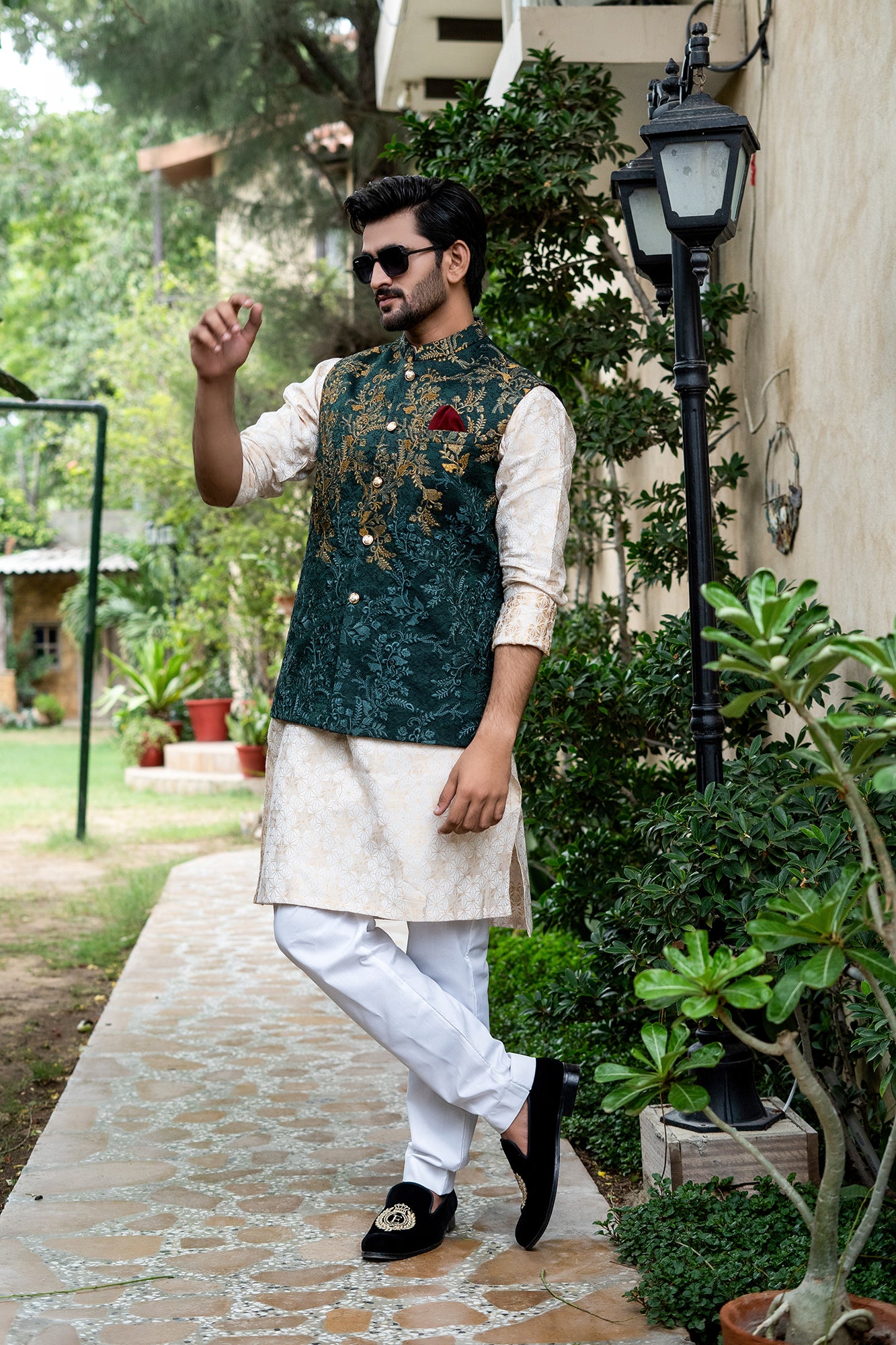 Emerald Green Jacquard Waistcoat with Copper Embroidery (1-Pc) - Image 4