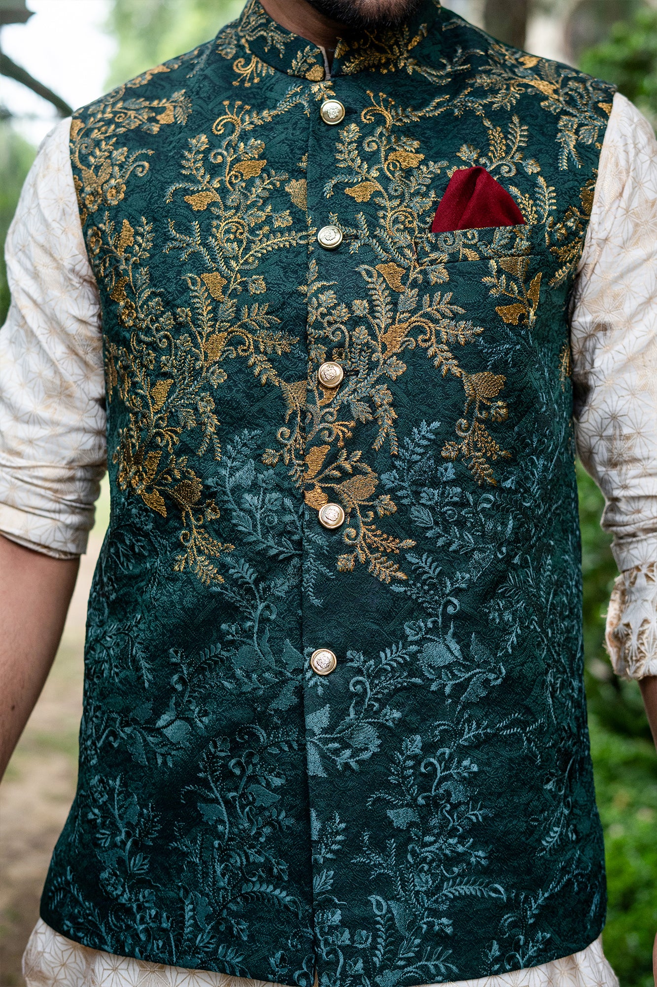 Emerald Green Embroidered Jacquard Waistcoat (1-Pc) - Image 3