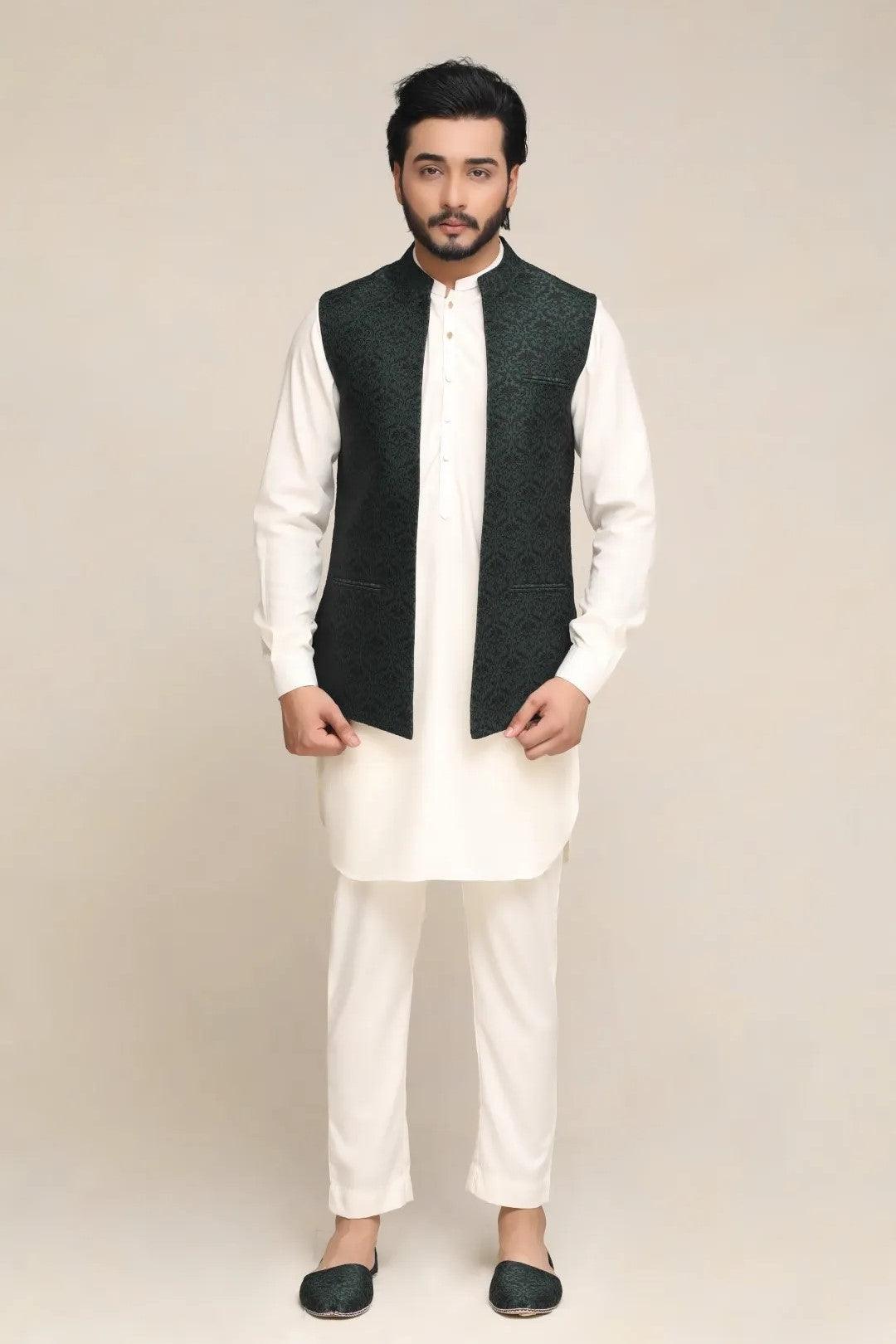 Dark Green Jacquard Waistcoat (3-Piece) - Image 1