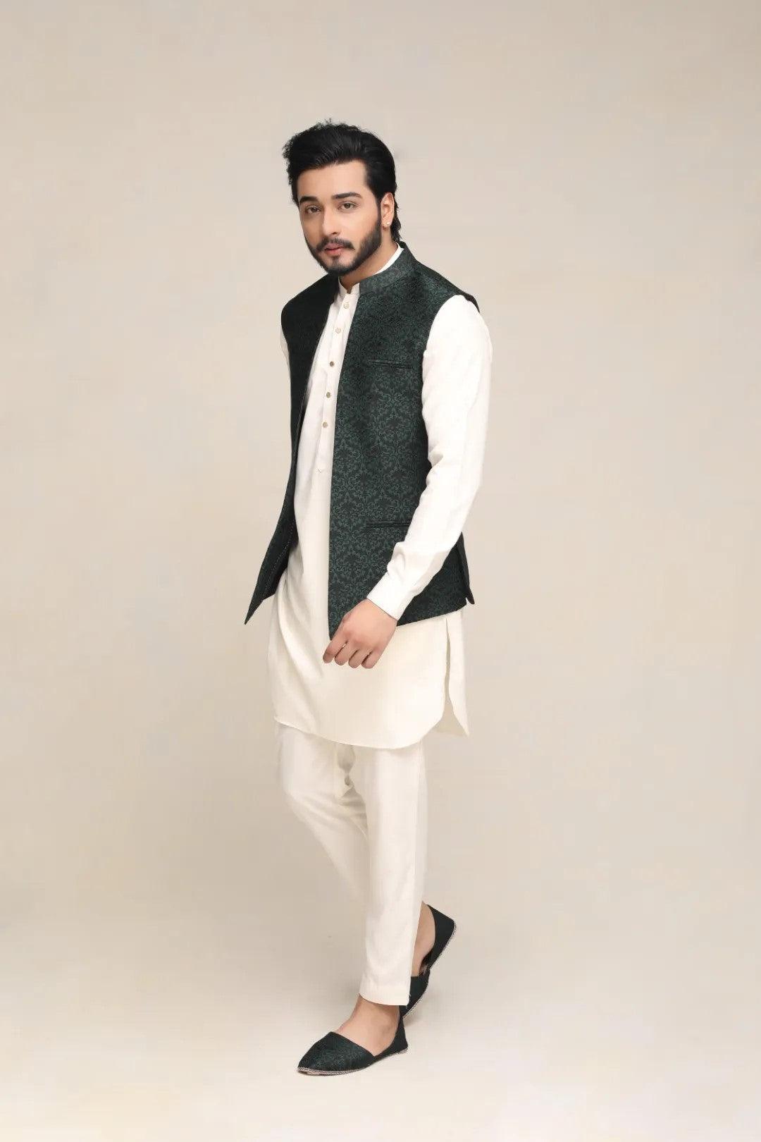 Dark Green Jacquard Waistcoat (3-Piece) - Image 3
