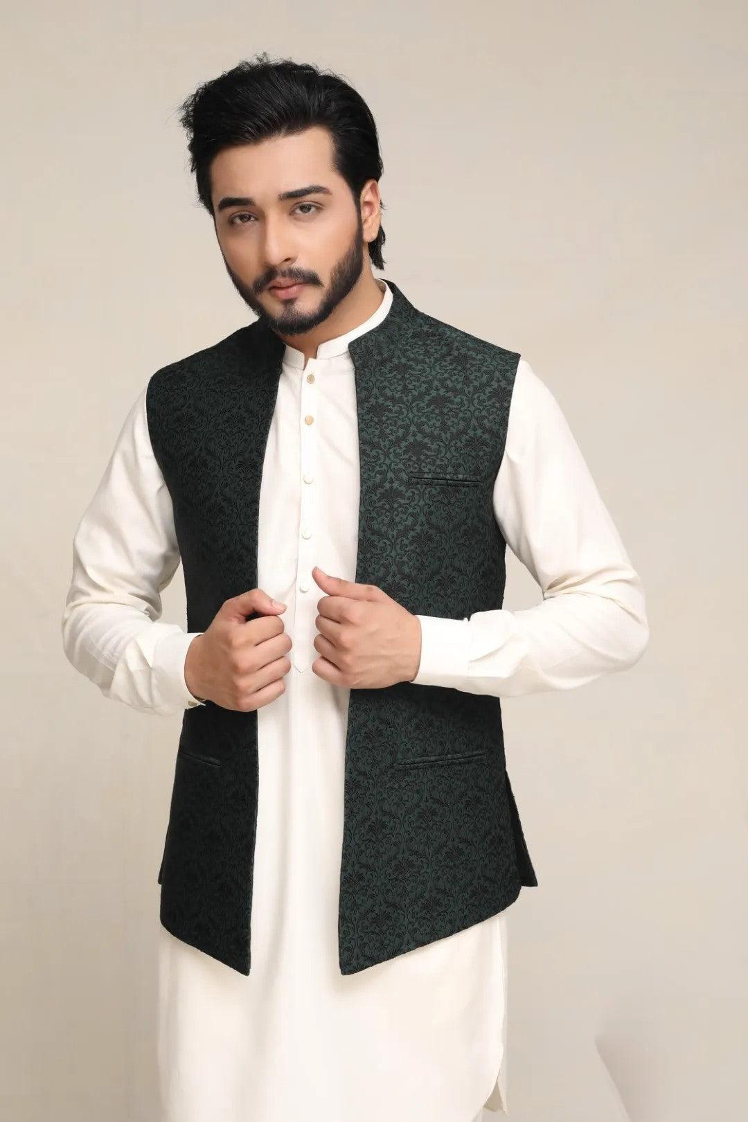 Dark Green Jacquard Waistcoat (3-Piece) - Image 4
