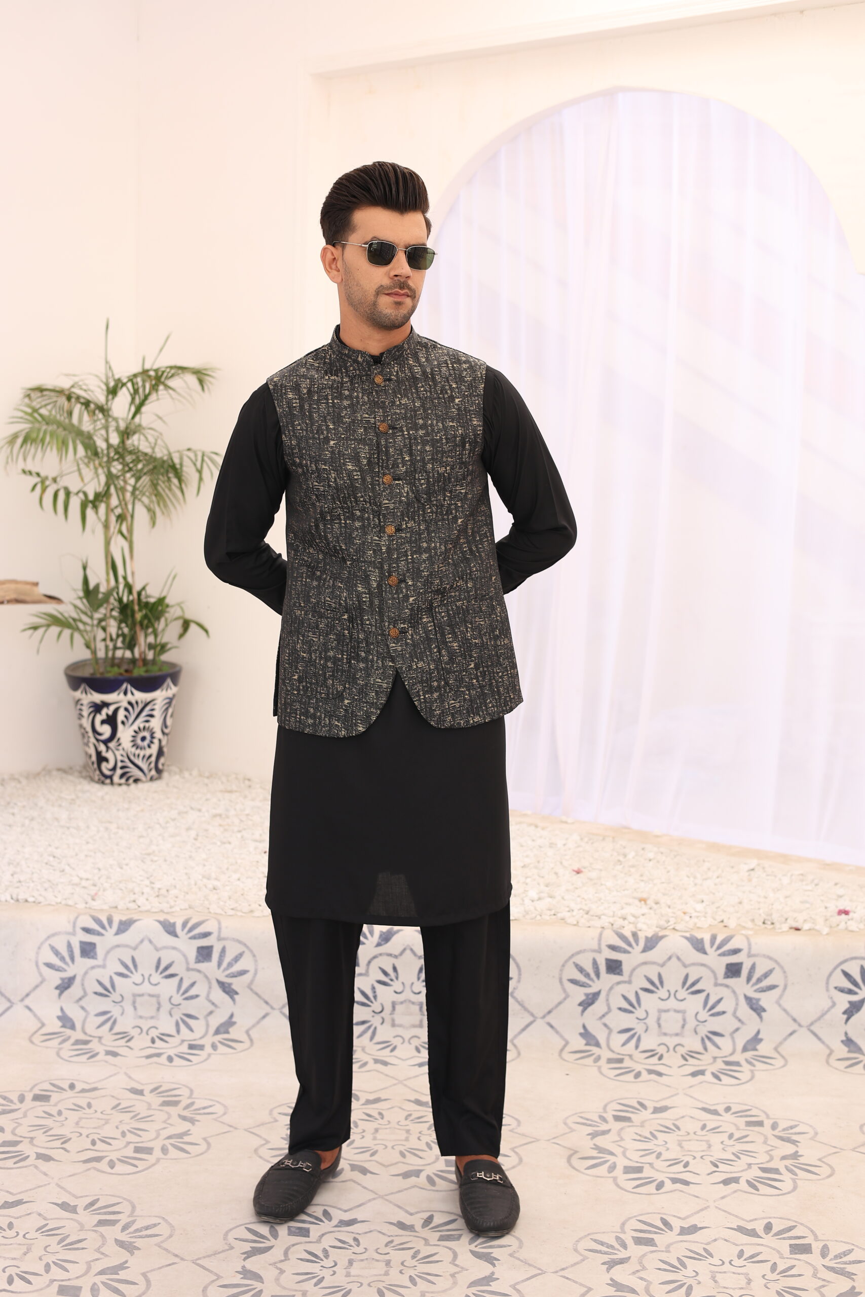 Green Atlas Fabric Waistcoat Kurta (3-Piece) - Image 1