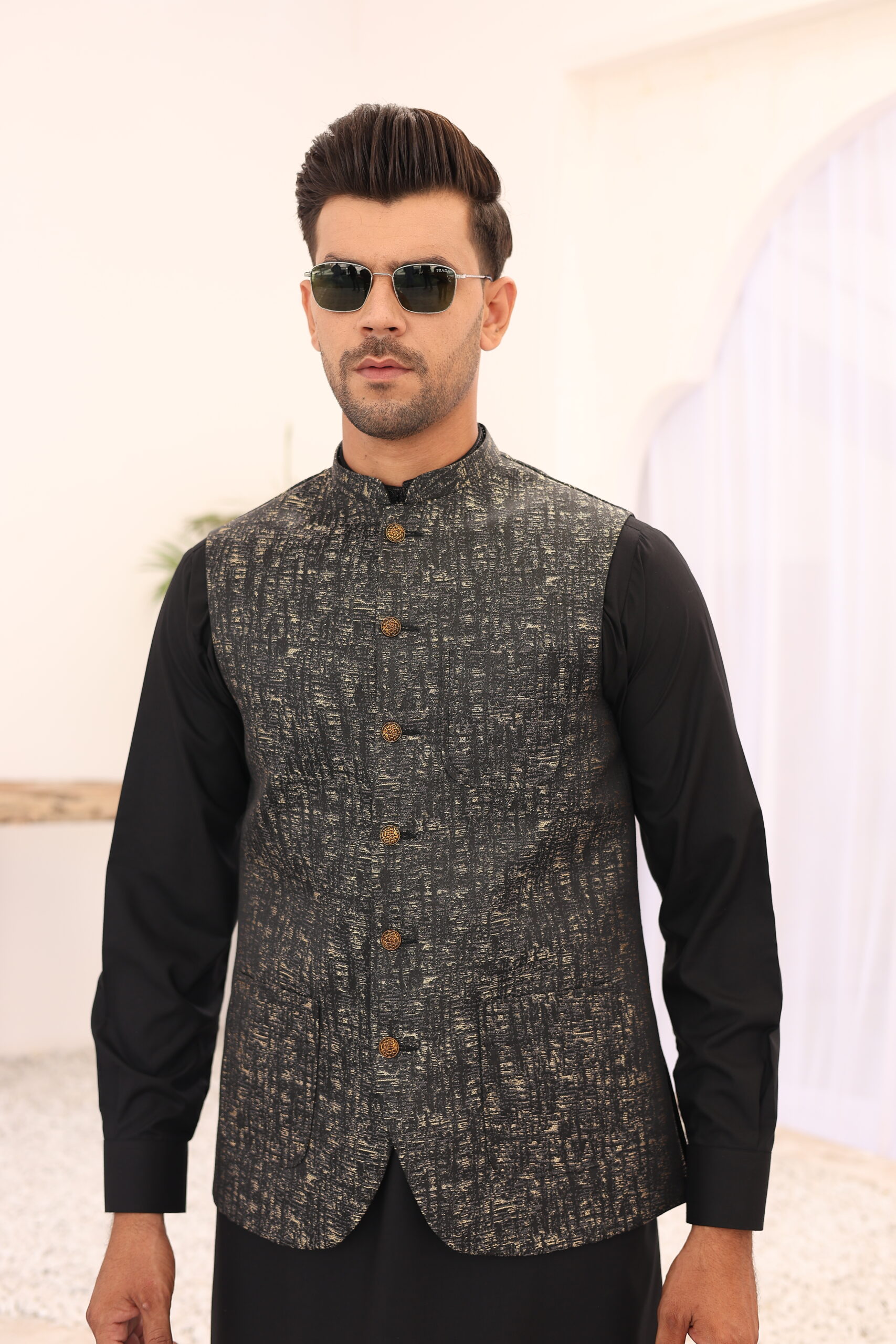 Green Atlas Fabric Waistcoat Kurta (3-Piece) - Image 2
